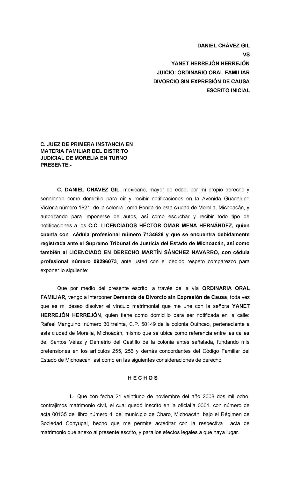 Divorcio Sin Expresión de Causa: Caso Daniel Chávez Gil contra Yanet ...