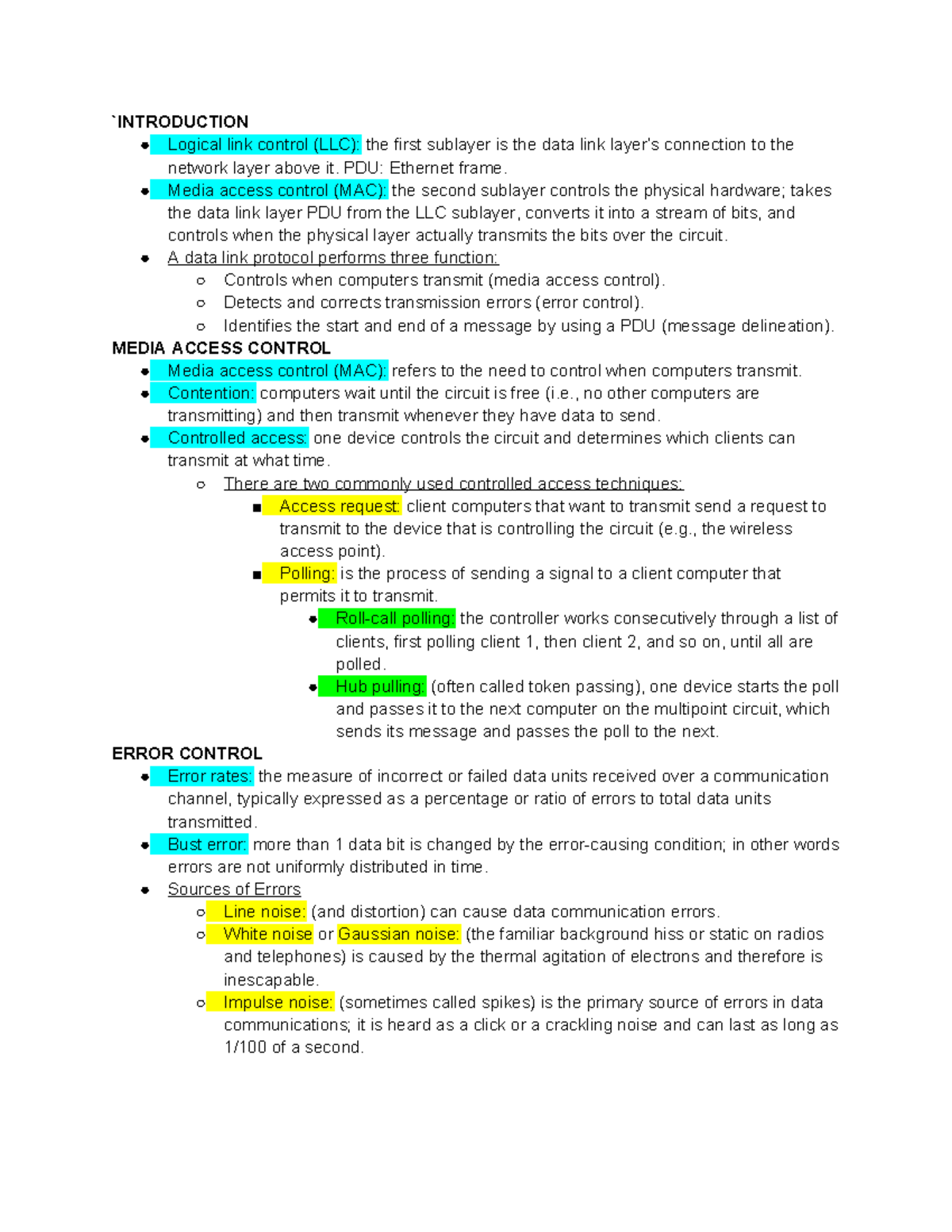 INSY 3303 Chapter 4: Data Link Layer Protocols and Error Control - Studocu