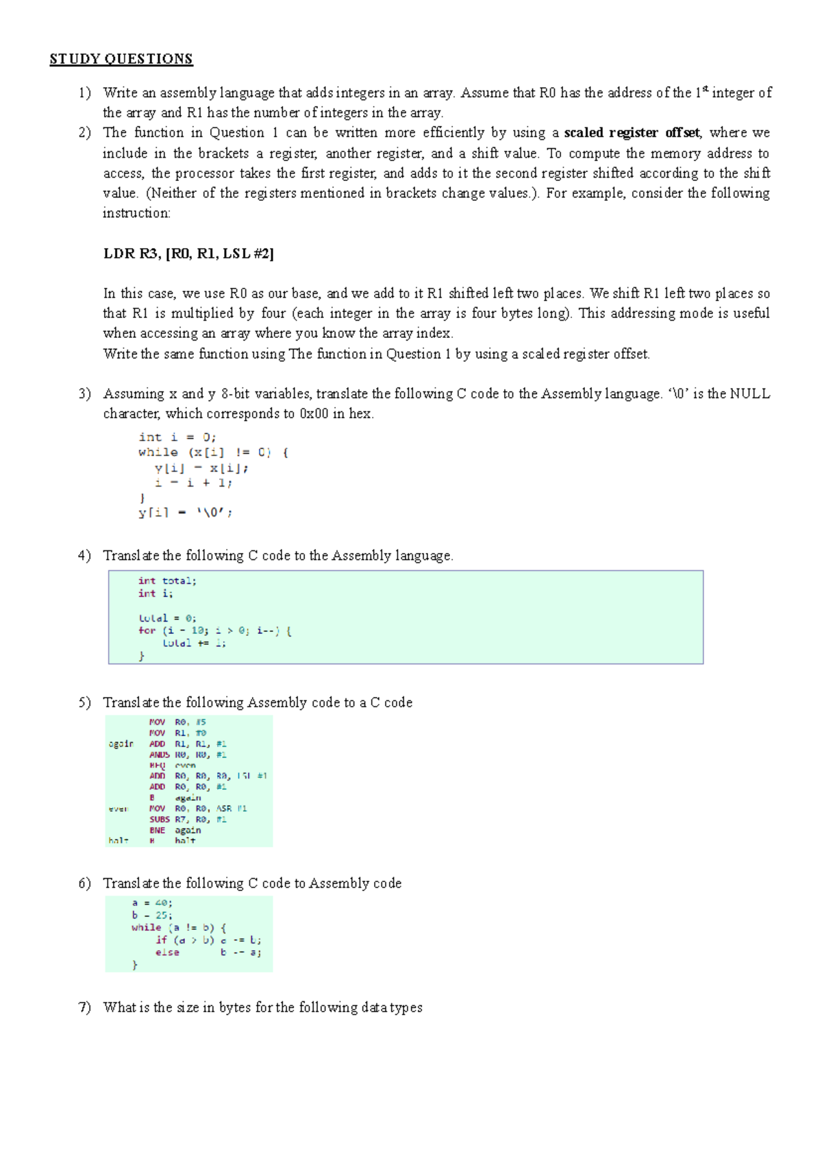 Exercise Questions - STUDY QUESTIONS Write an assembly language that ...