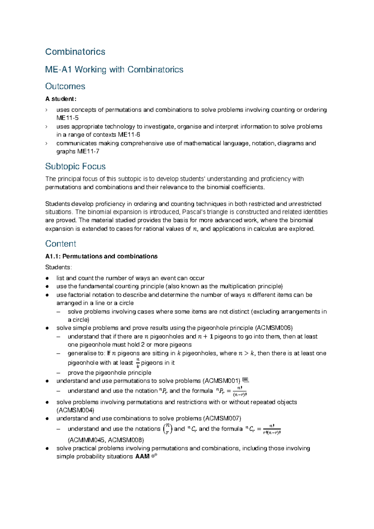 Combinatorics - Syllabus Content - Combinatorics ME-A1 Working with ...
