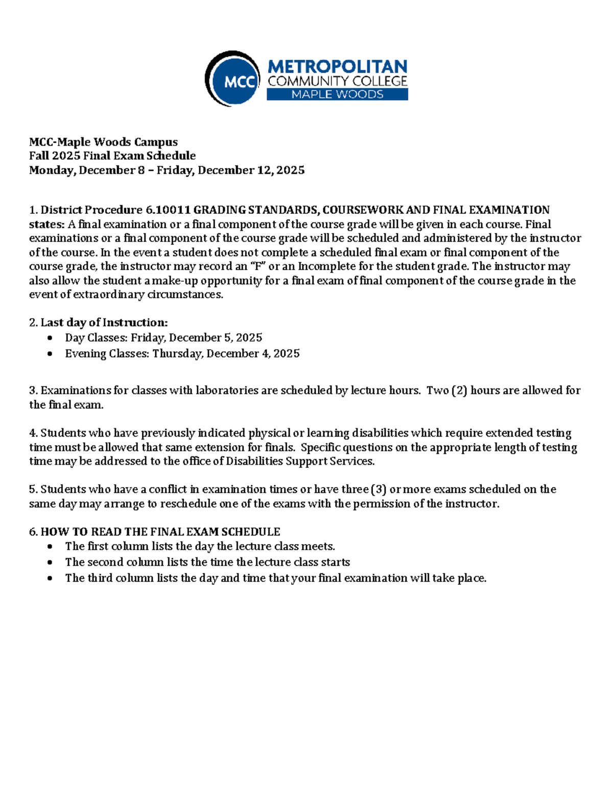 Woods Campus Fall 2025 Final Exam Schedule - Studocu