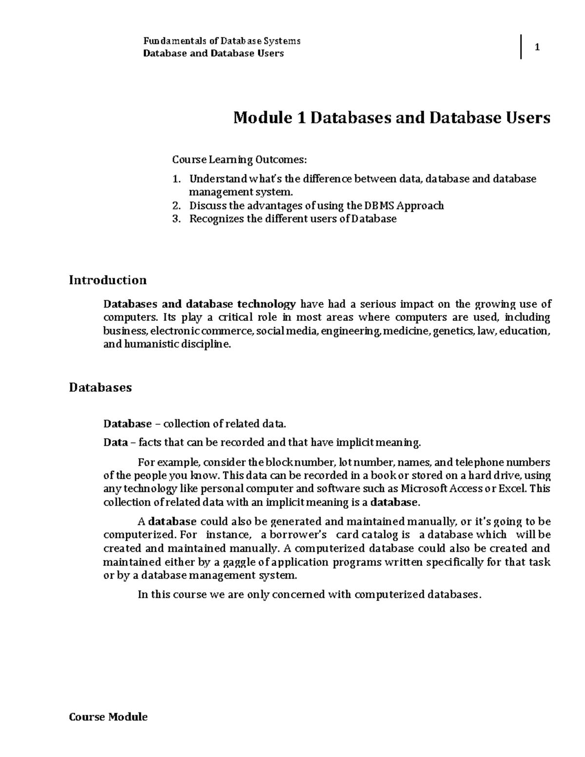 Module 1 - Databases and Database Users - Fundamentals of Database ...
