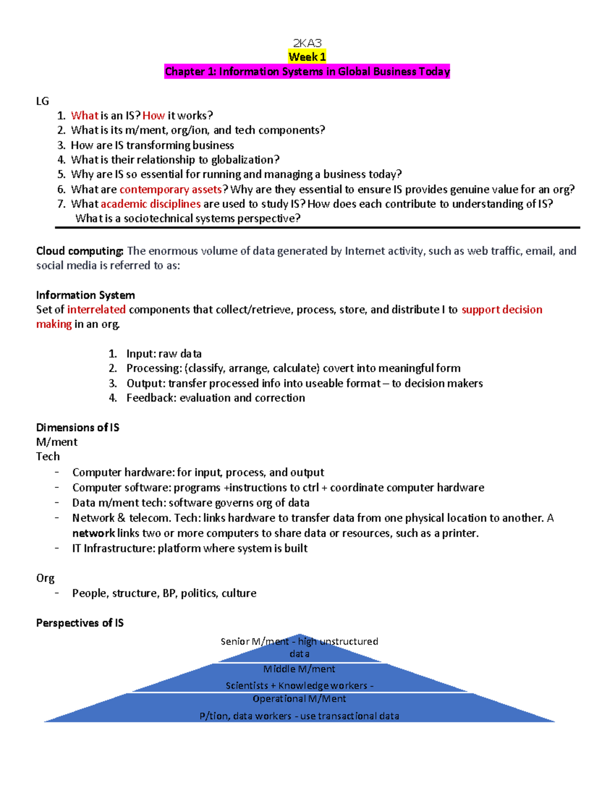 2ka3 notes - Week 1 Chapter 1: Information Systems in Global Business ...