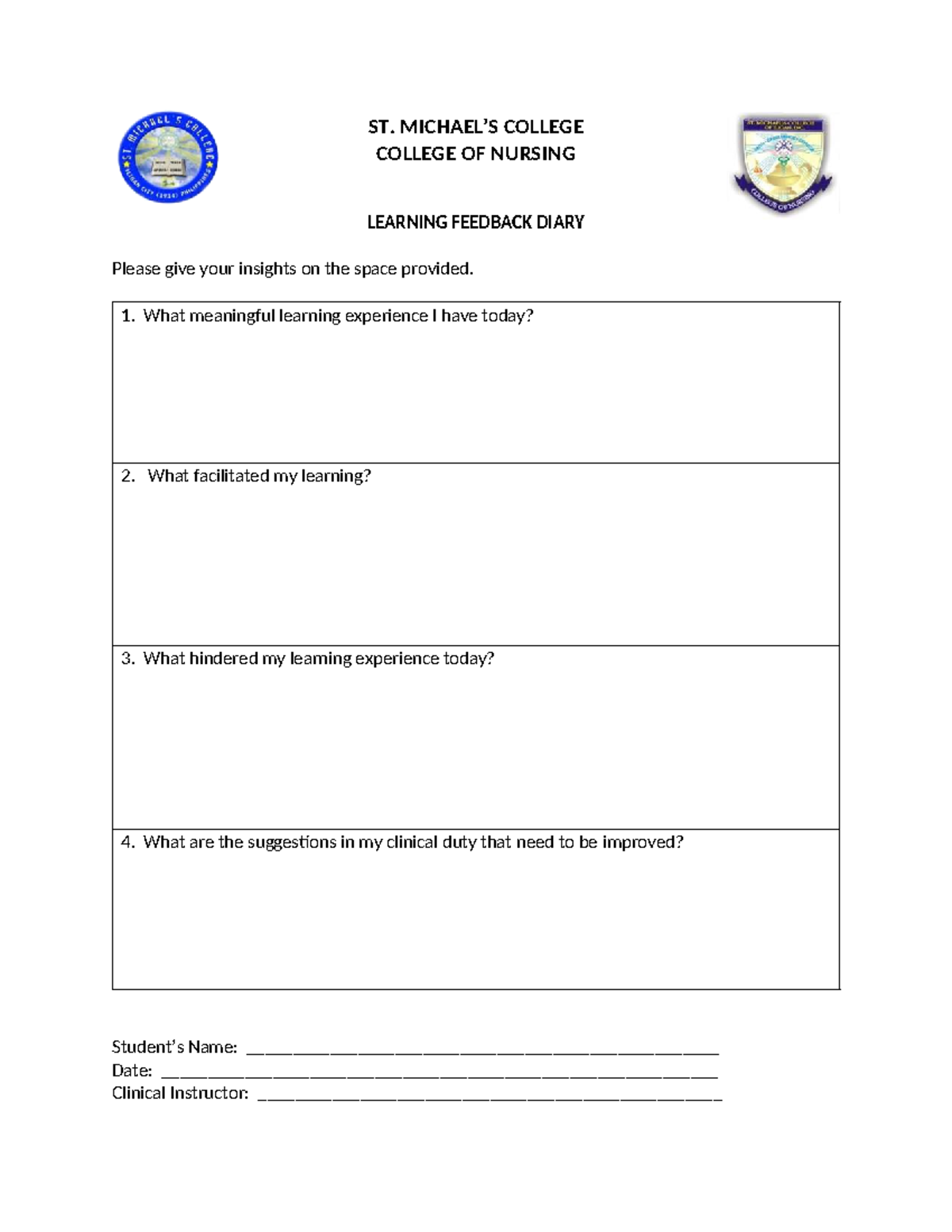 LFD - Nsnznznbz - ST. MICHAEL’S COLLEGE COLLEGE OF NURSING LEARNING ...