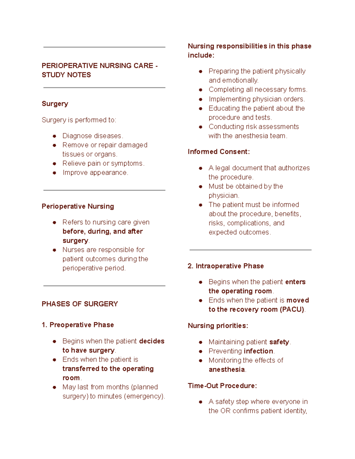 Perioperative Nursing Care Study Notes: Responsibilities & Phases - Studocu