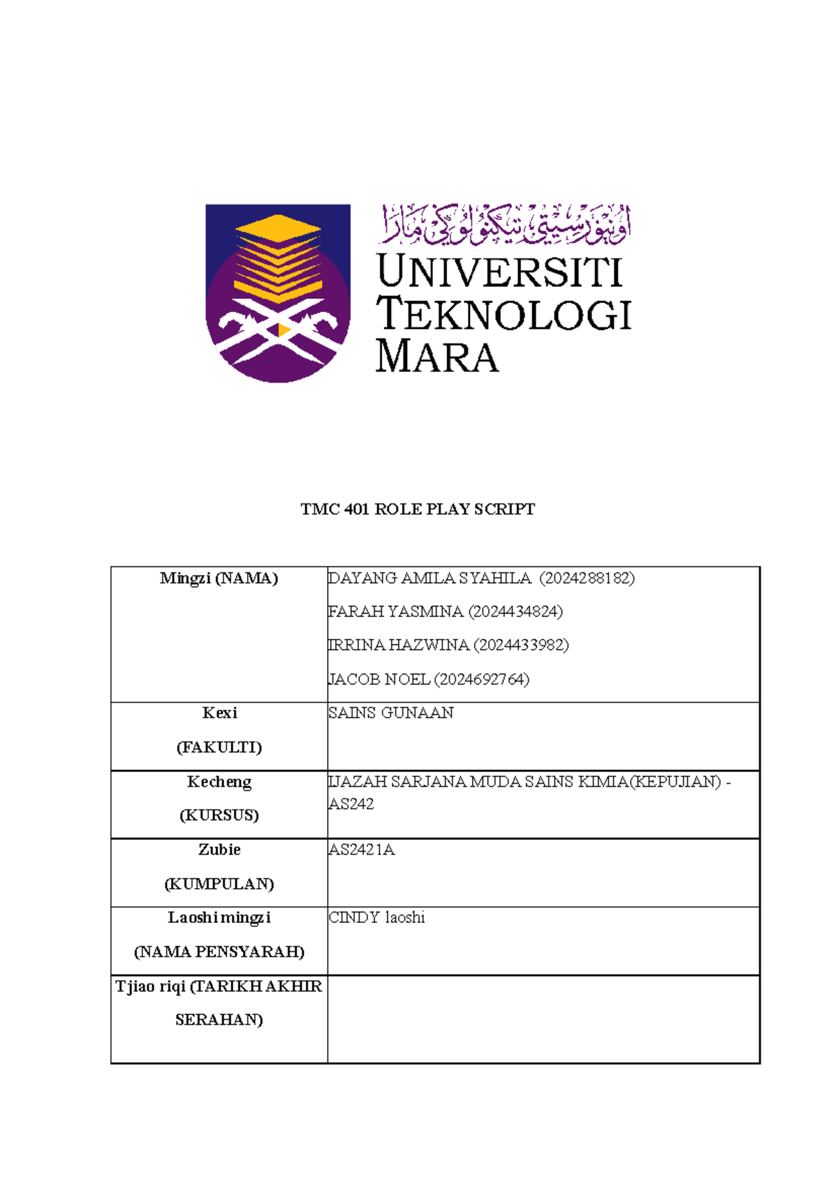 TMC 401 Role Play Script: A Day in Mandarin Class - Studocu