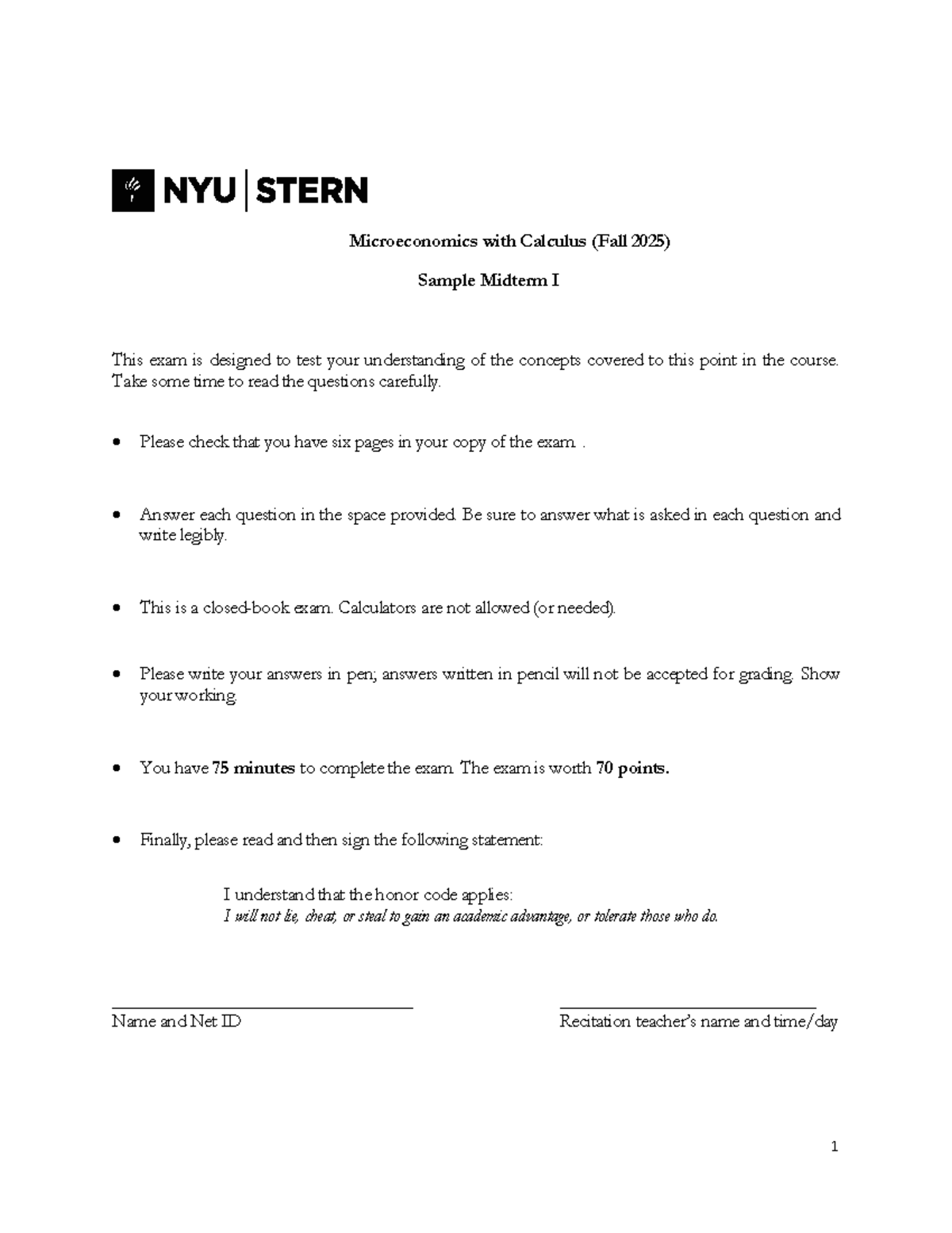 Microeconomics with Calculus (Fall 2025) Sample Midterm I Exam - Studocu