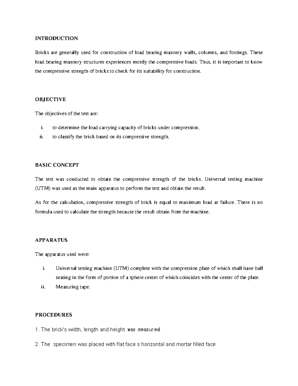 Lab Report on Compression Strength Testing of Bricks (ENG 101) - Studocu