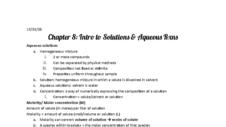 Chem 8: Intro to Solutions - Key Concepts and Calculations - Studocu