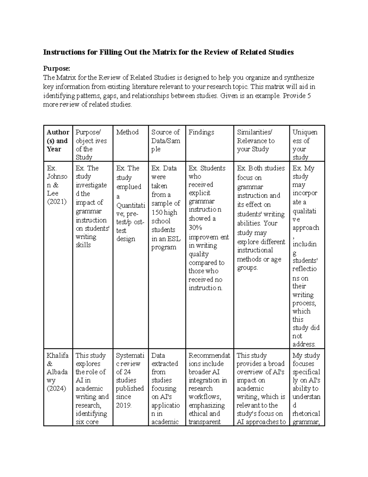 Matrix for Review of Related Studies - Instructions for Filling Out the ...