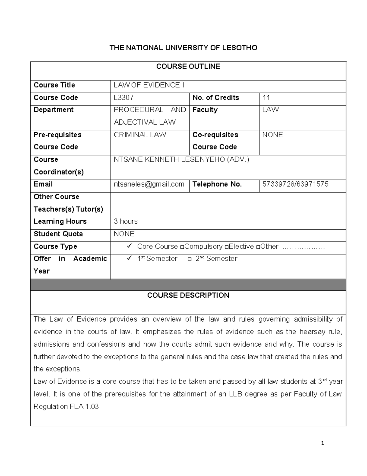 Law of Evidence I (L3307) Course Outline for 2nd Semester - Studocu