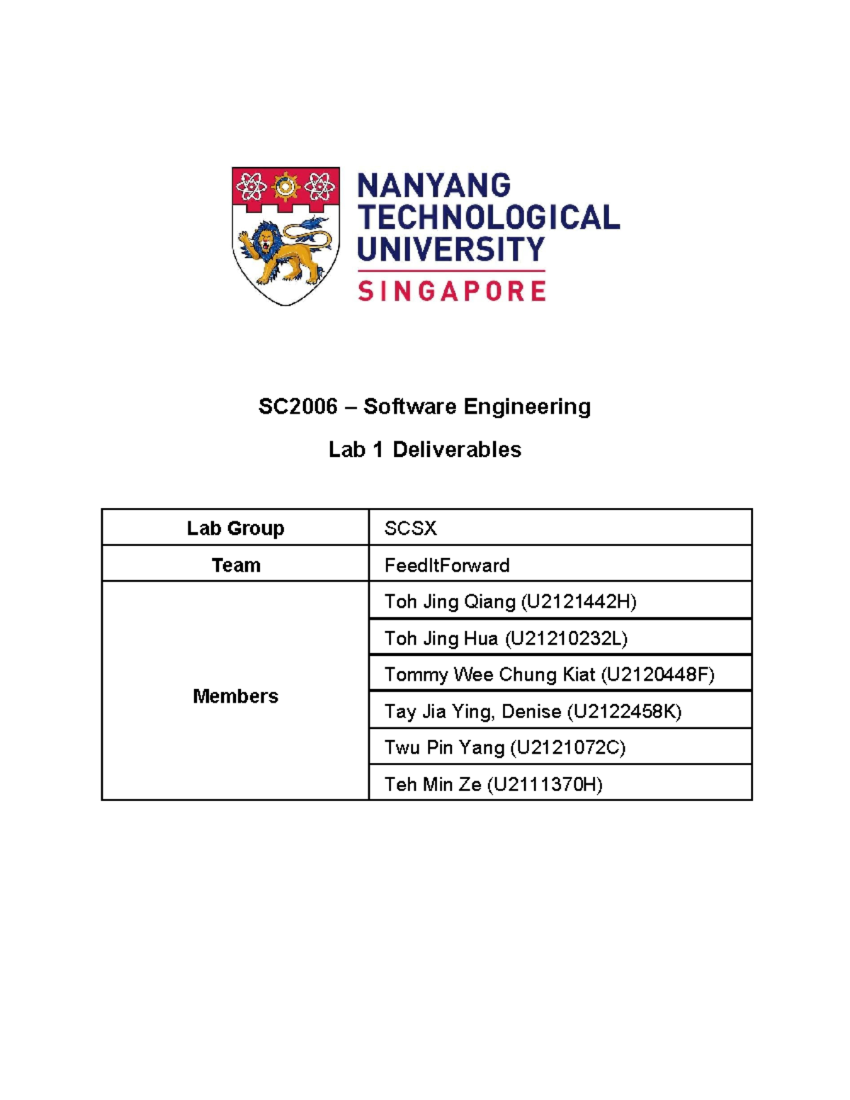 SC2006 Software Engineering Lab 1 Deliverables for FeedItForward - Studocu
