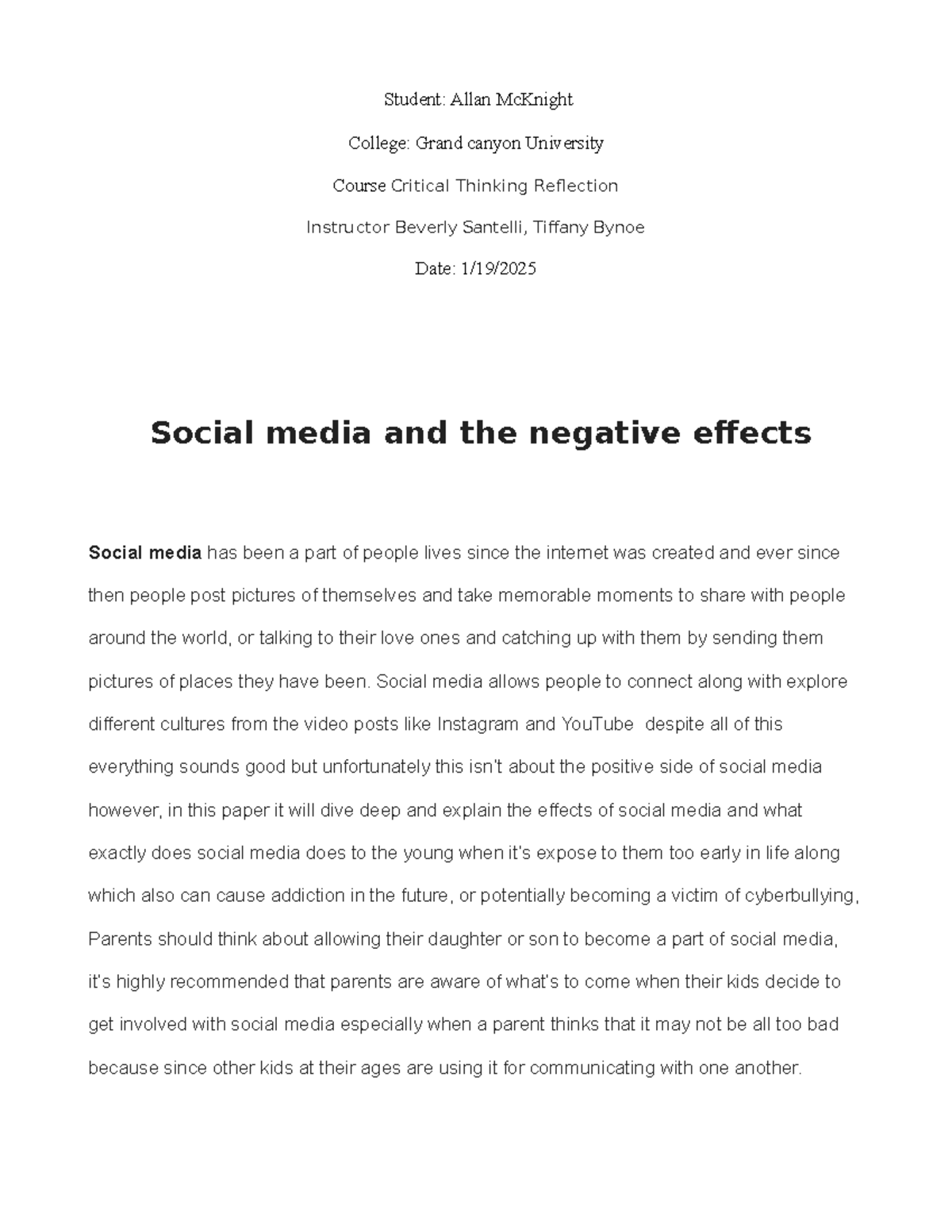 Critical Thinking Reflection: Social Media's Negative Effects on Youth ...