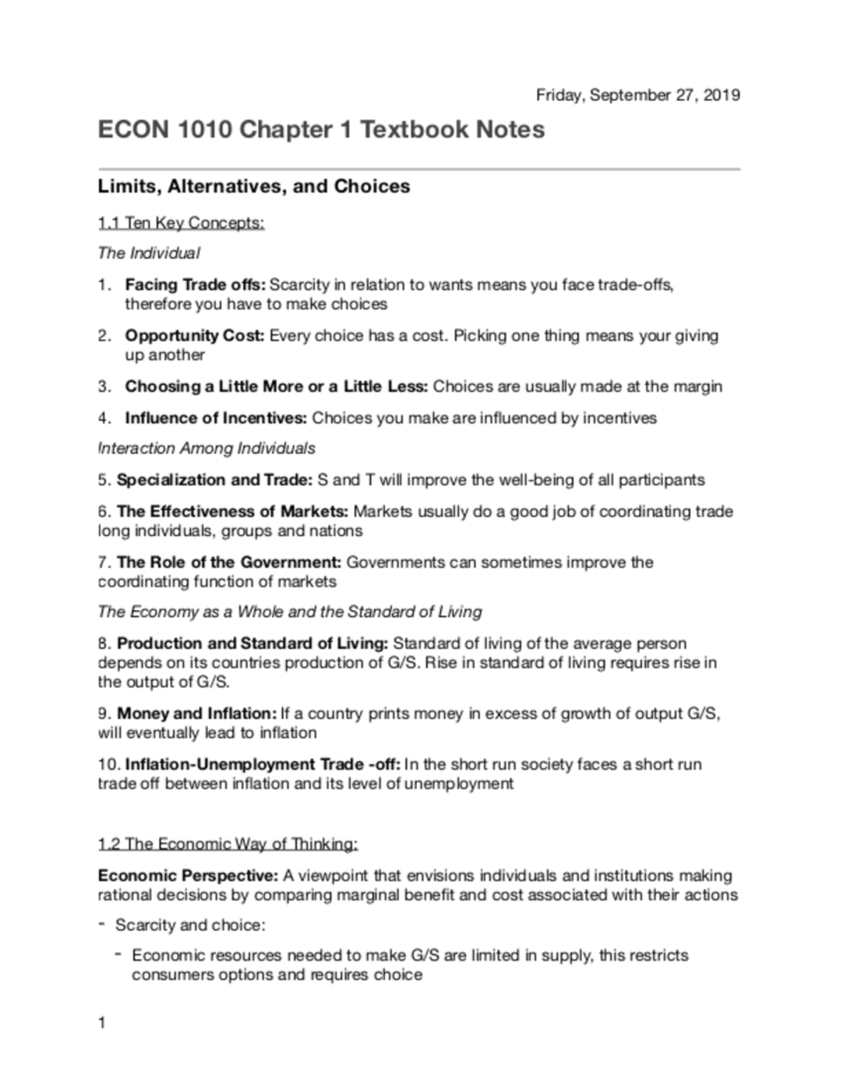 ECON 1010 Chapter 1 Textbook PDF Summary and Insights - Studocu