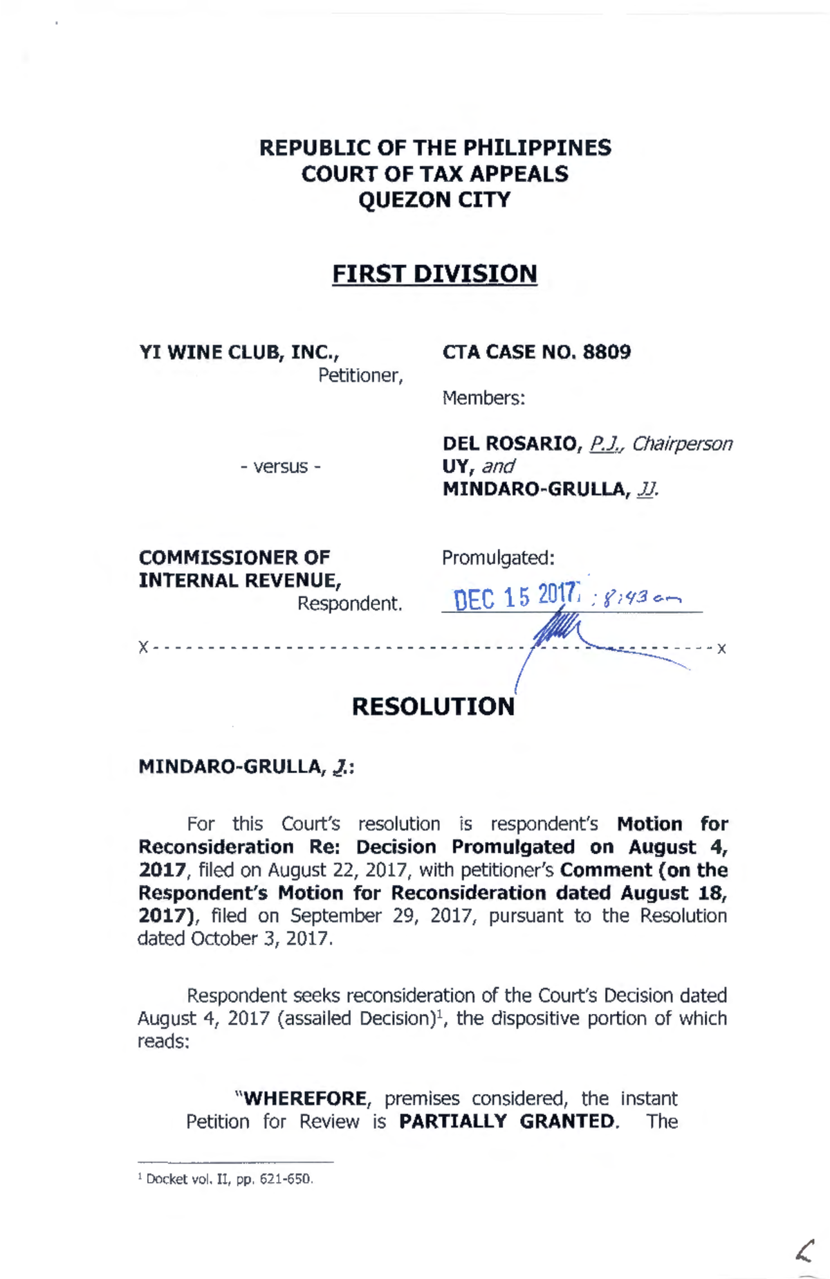 CTA 1D CV 08809 Motion for Reconsideration Resolution - Dec 2017 - Studocu