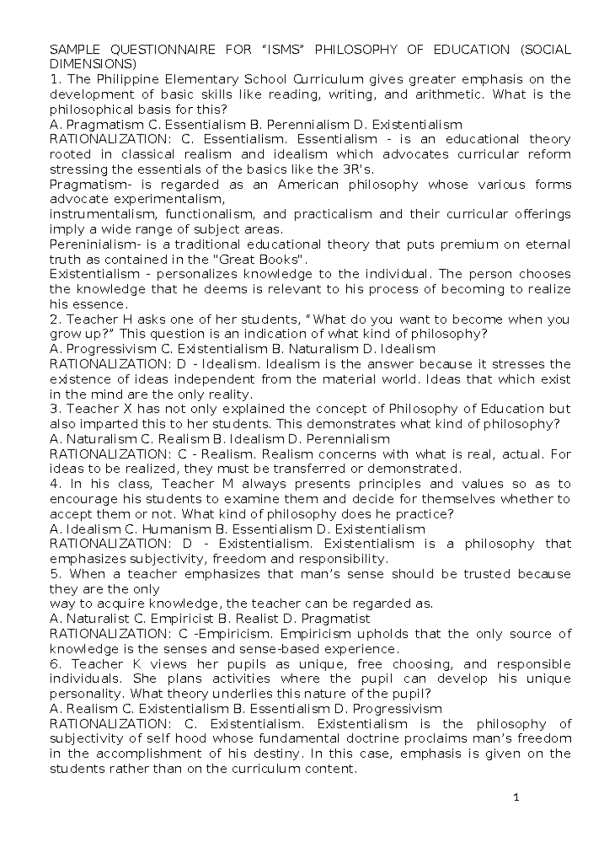 SAMPLE QUESTIONNAIRE FOR PHILOSOPHY OF EDUCATION (SOCIAL DIMENSIONS ...