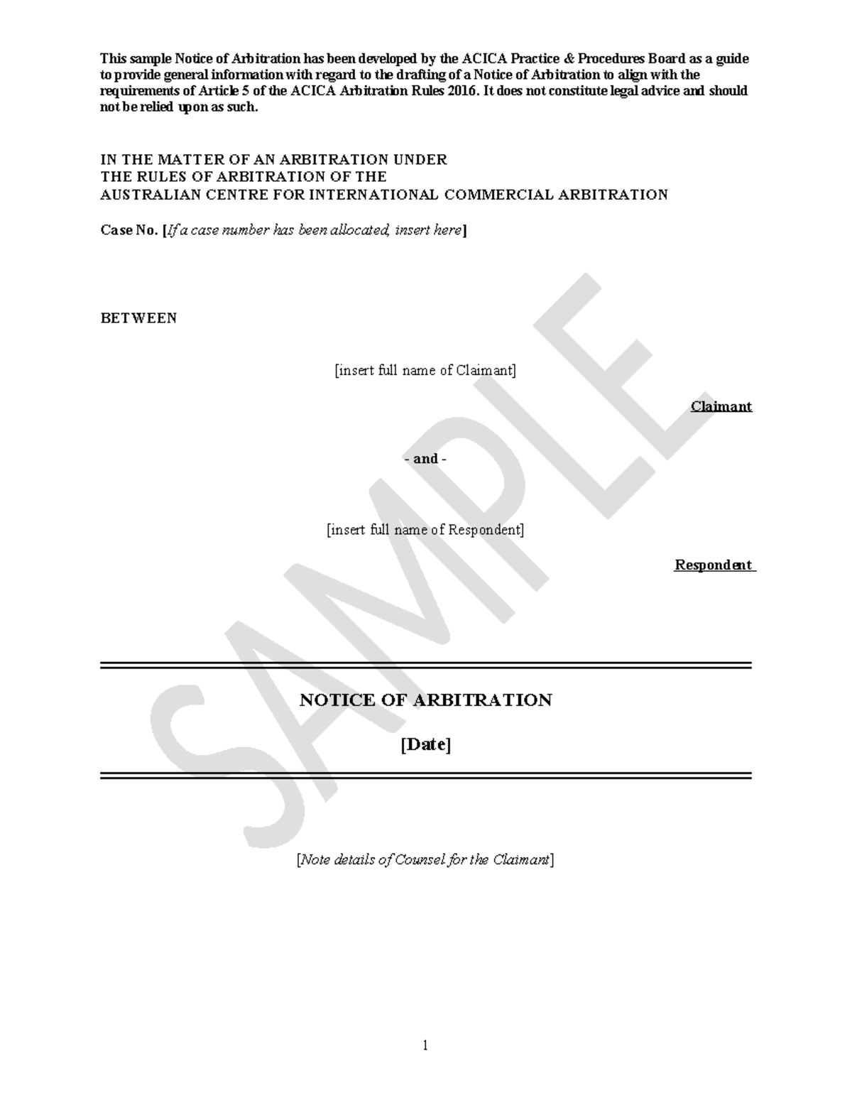 ACICA Arbitration Notice Drafting Guide under Article 5 - 2016 Rules ...