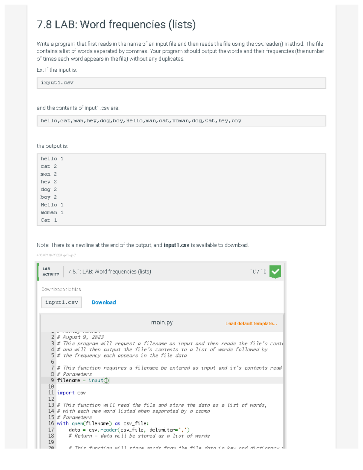7.8 LAB- Word frequencies (lists) Section 7.8 - IT 140