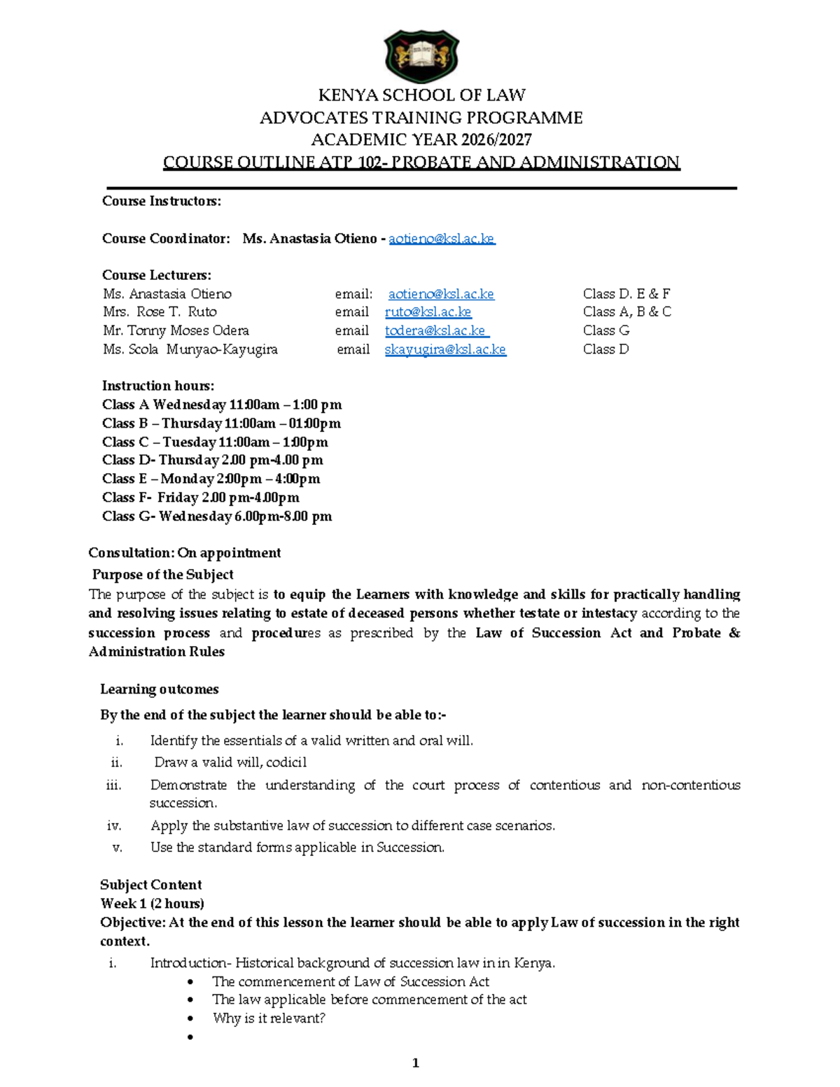ATP 102 Probate and Administration Course Outline 2026-2027 - Studocu