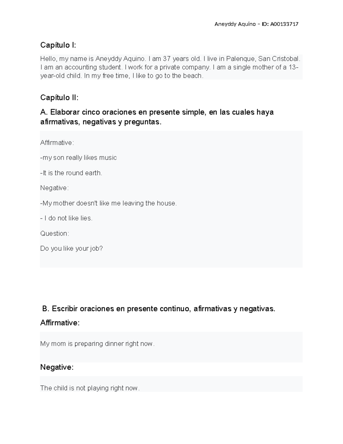 Trabajo Final: Aneyddy Aquino - Ejercicio de Presente Simple y Continuo ...