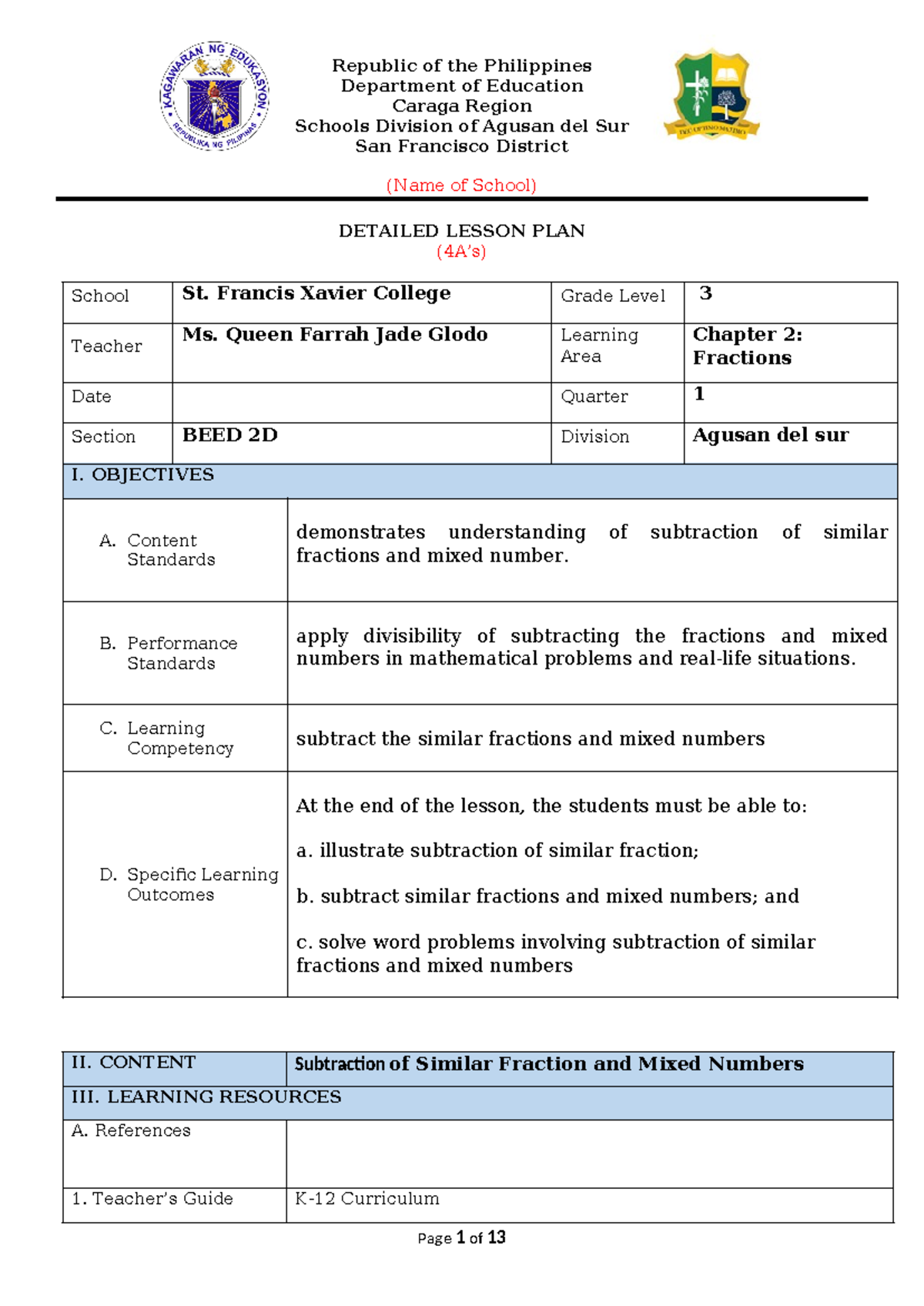 Lessonplan in math - none - Republic of the Philippines Department of ...