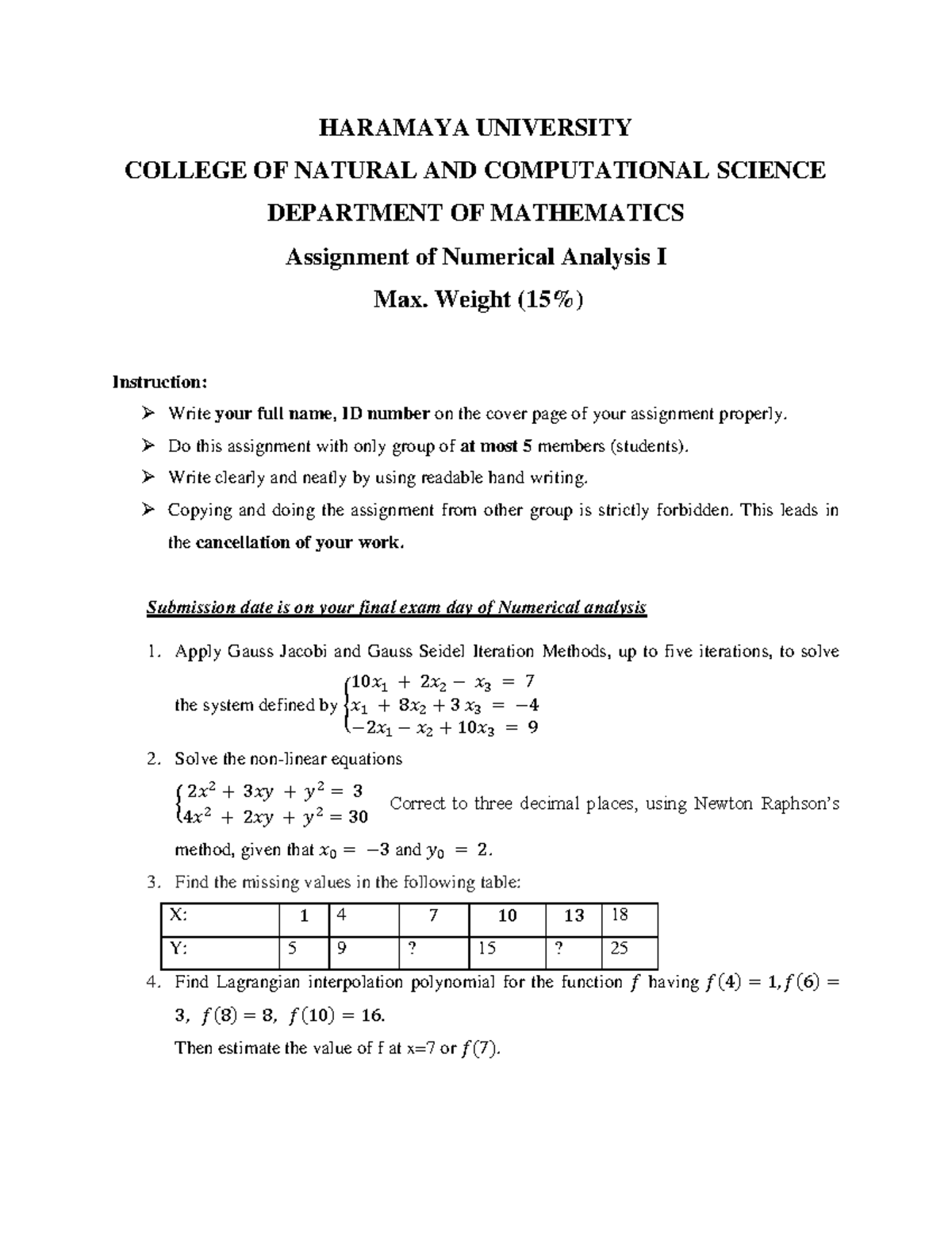 Numerical Analysis I Assignment 2025 Iteration Methods