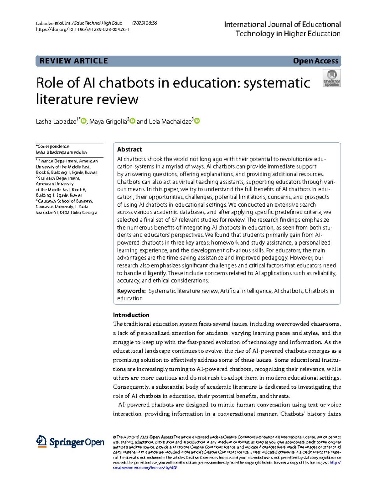 S41239 023 00426 1 - AI Chatbots in Education: A Systematic Literature ...