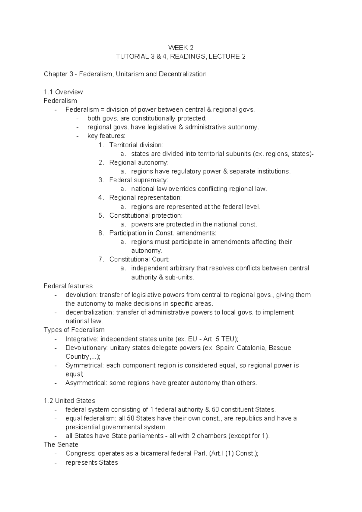 WEEK 2 TUTORIAL 3-4: Federalism & Constitutional Law Overview - Studeersnel