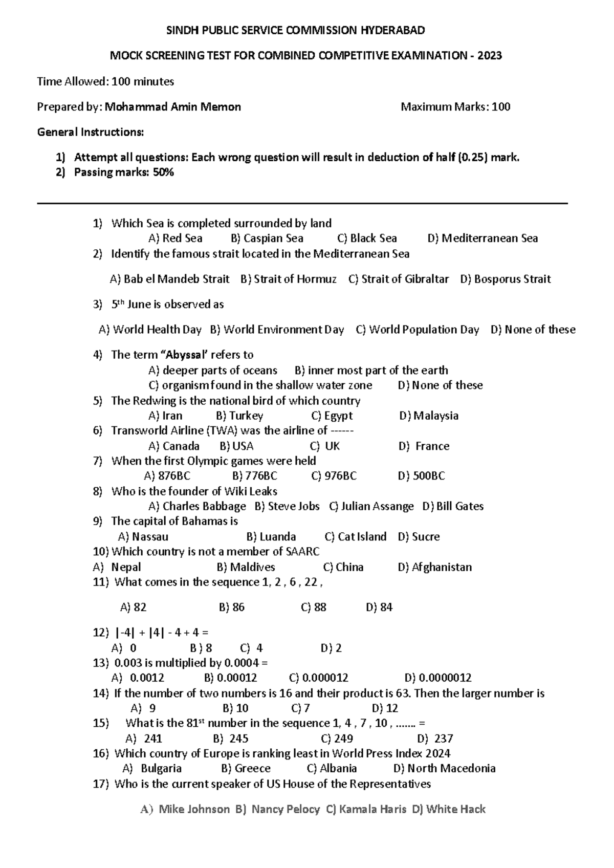 MOCK TEST SPSC CCE23 - Spsc mock test 2023 - SINDH PUBLIC SERVICE ...