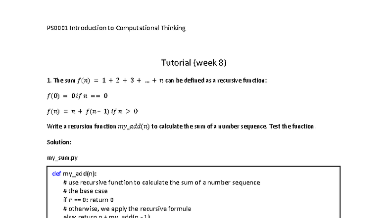 PS0001 Tutorial 8 Solutions: Recursive Functions in Python - Studocu