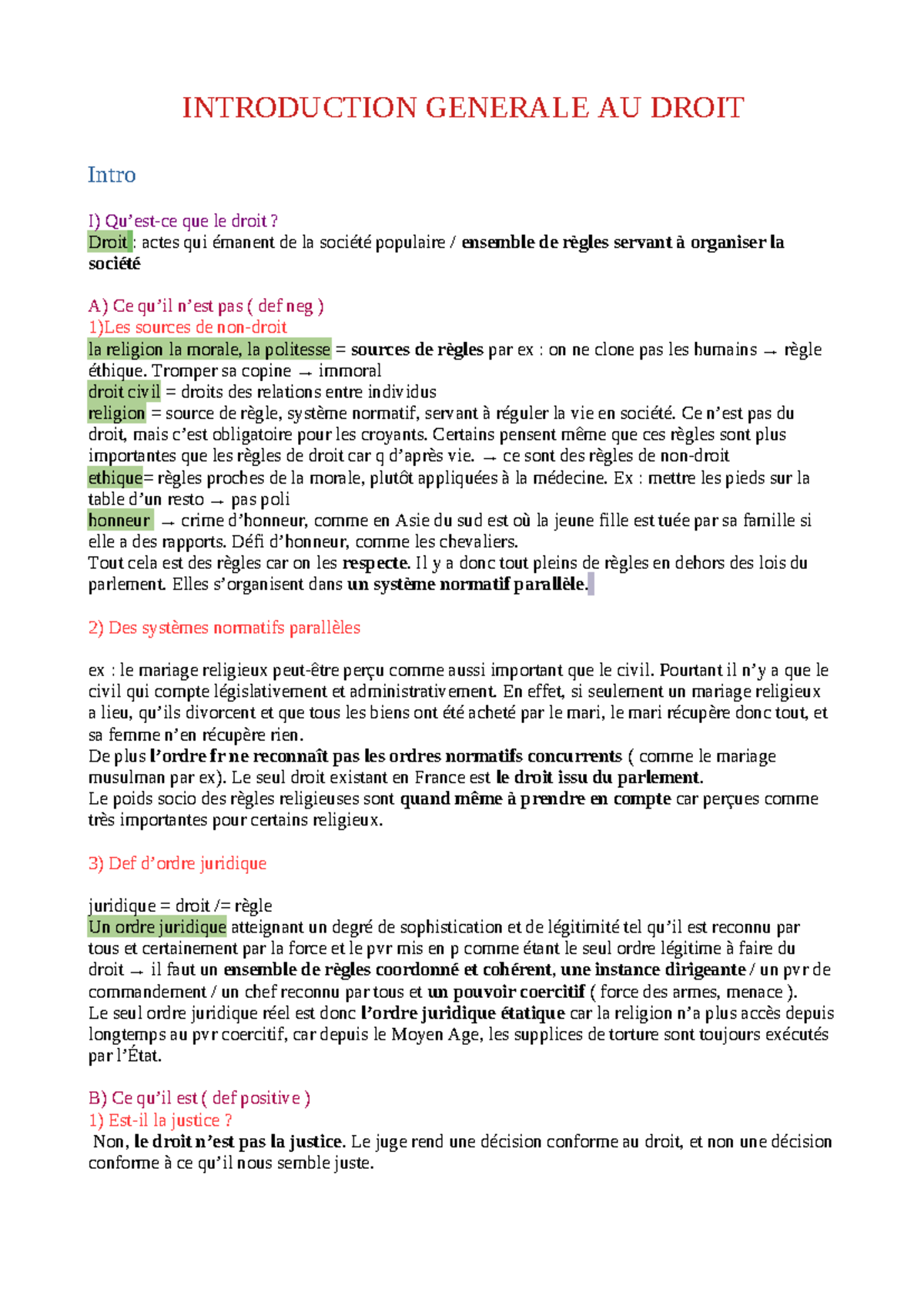 Introduction Générale au Droit - Cours Intro I - Studocu