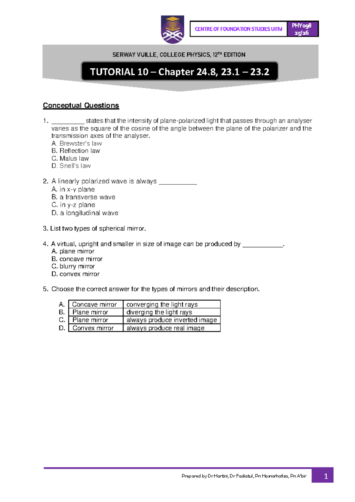 PHY098 Tutorial 10: Conceptual & Structured Questions on Light - Studocu