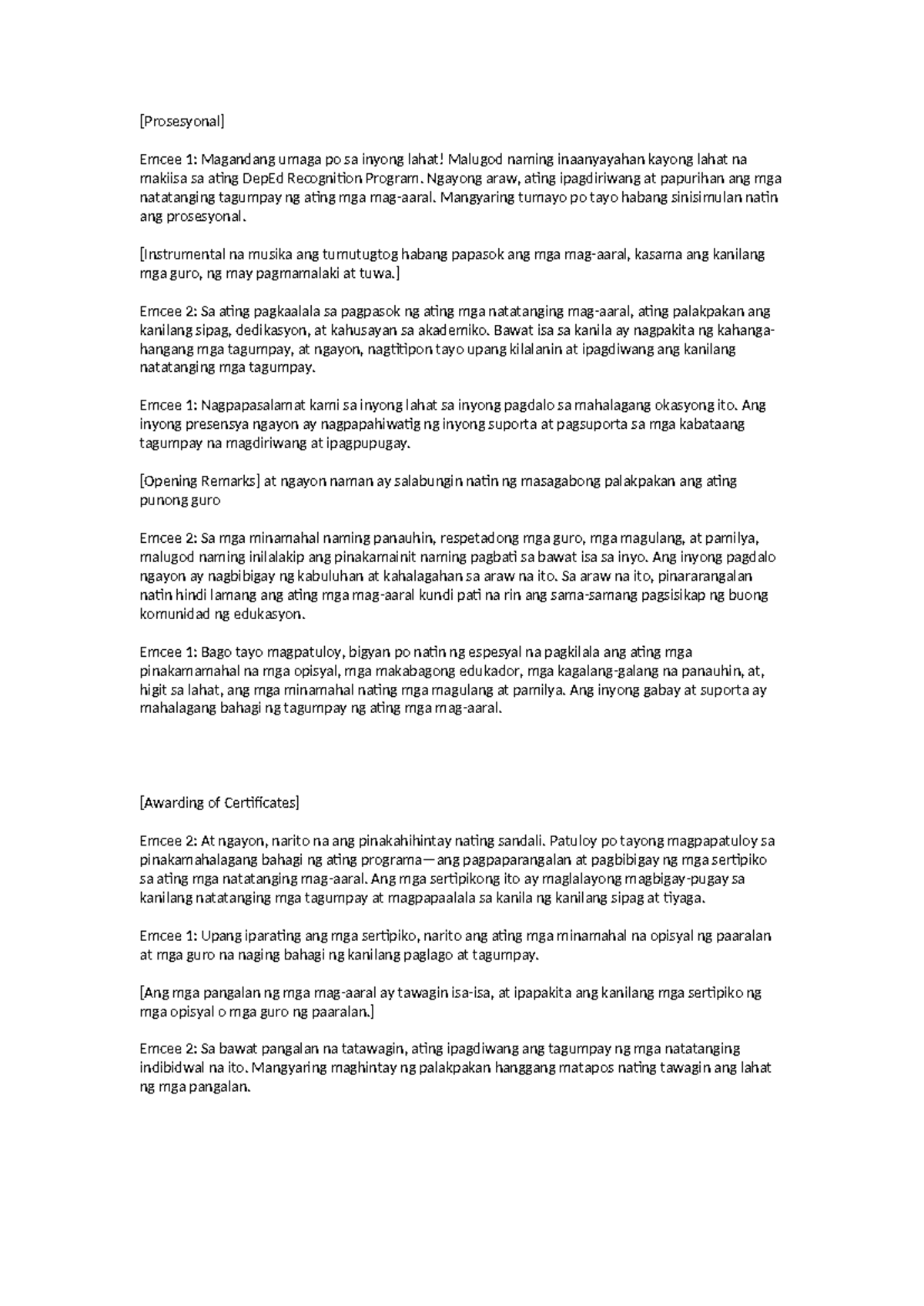 DepEd Recognition Program Emcee Script (Prosesyonal) - Studocu