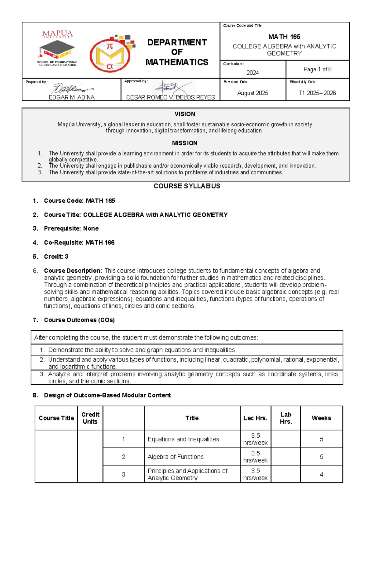 MATH 165 College Algebra with Analytic Geometry Syllabus T1 SY2025-2026 ...