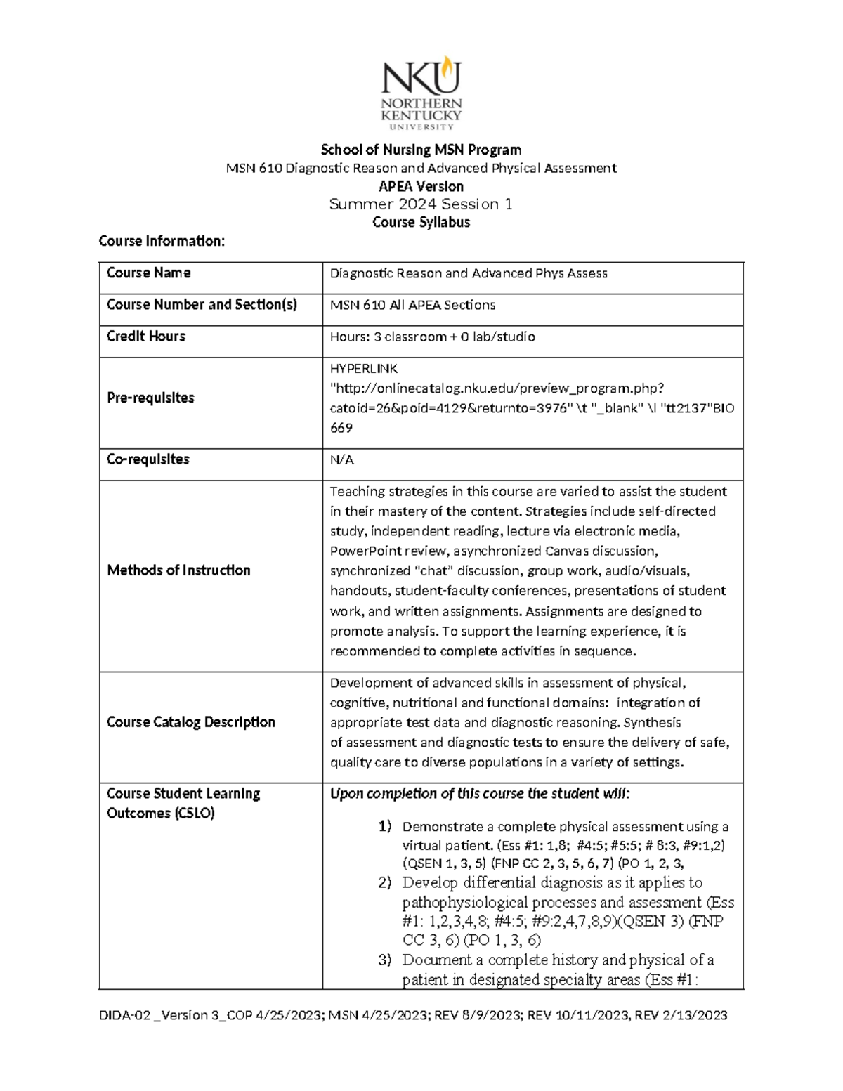 MSN 610 APEA Syllabus: Diagnostic Reason & Advanced Phys Assess Summer ...