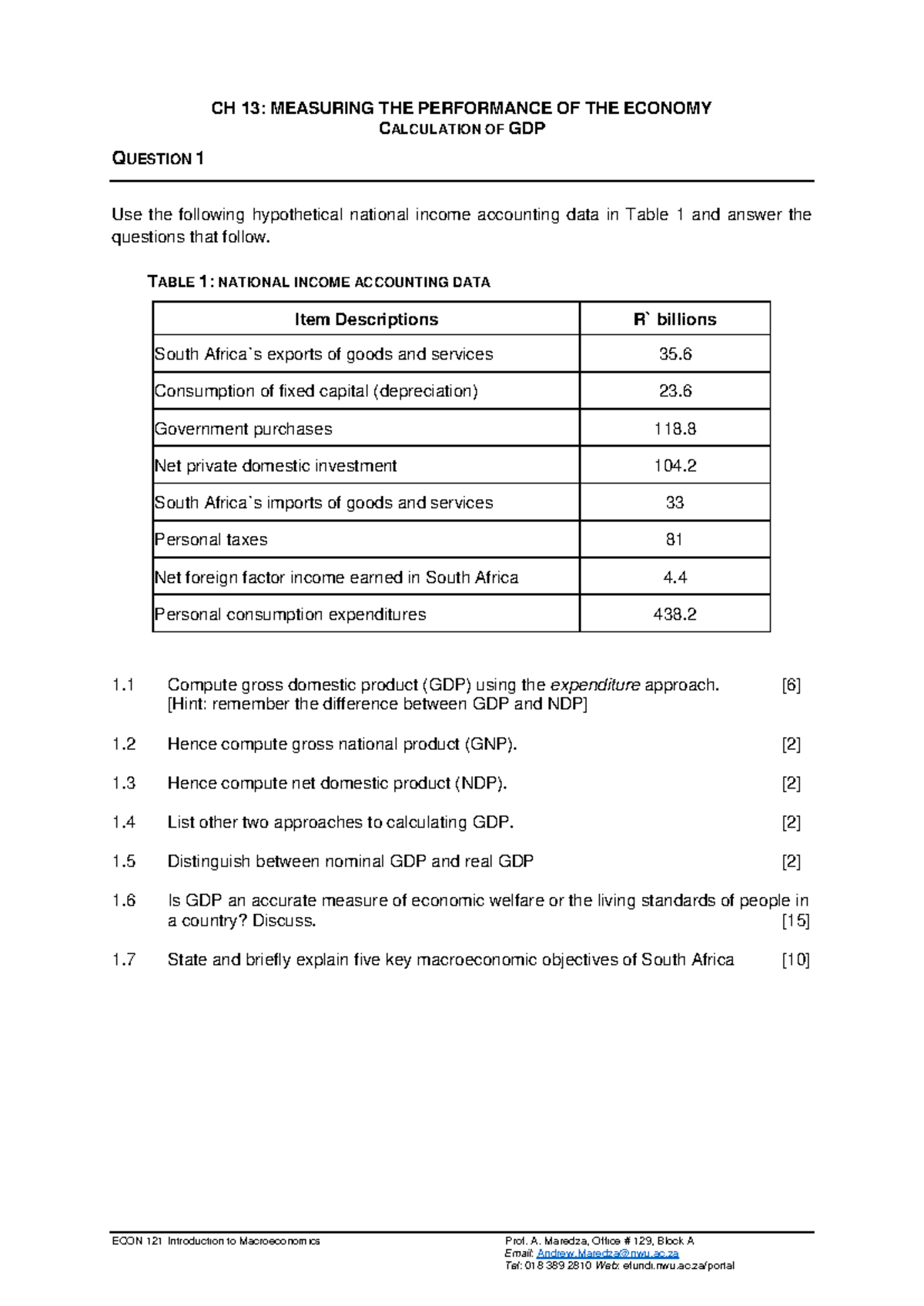 ECON 121: Tutorial 1 - Calculating GDP and Economic Performance - Studocu