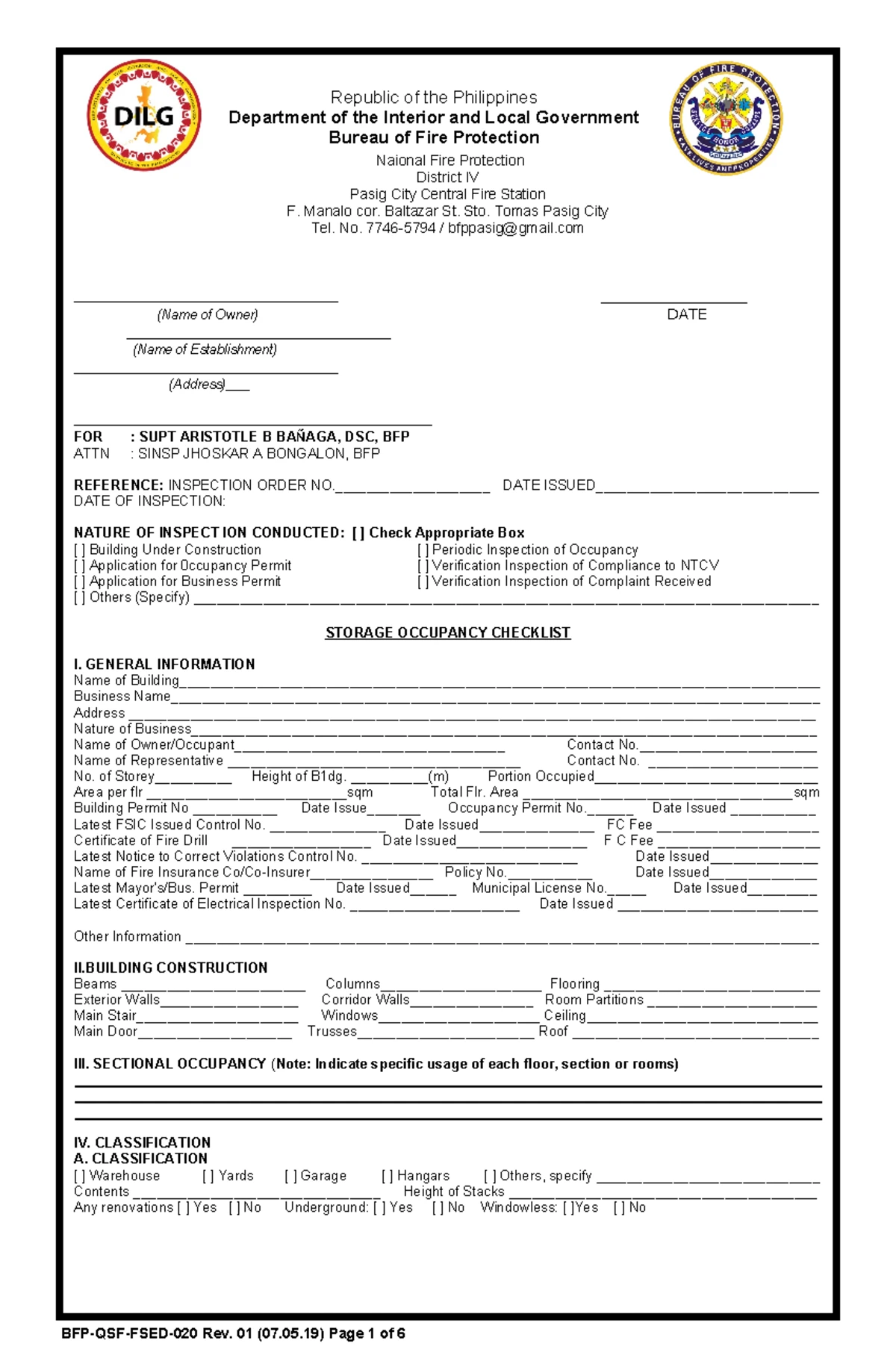 FSED 026 Gasoline Service Station Inspection Checklist Rev01 07/05/19 ...