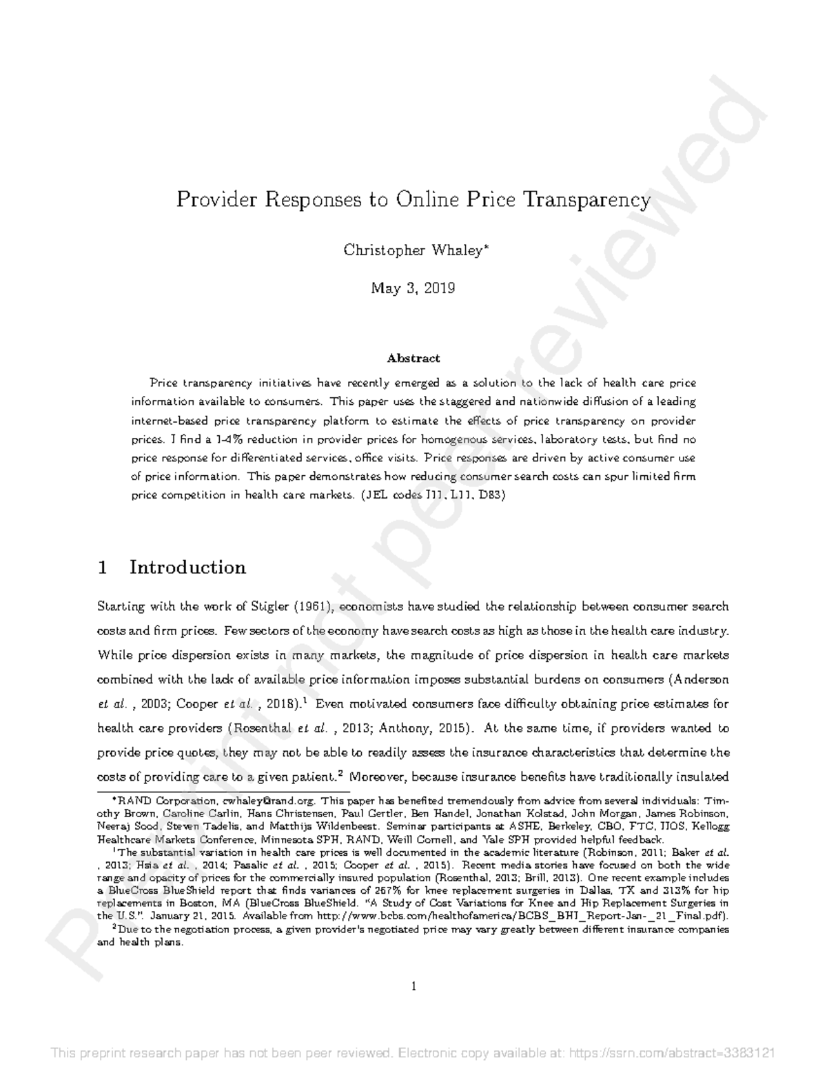 Provider Responses to Online Price Transparency: Effects on Prices ...