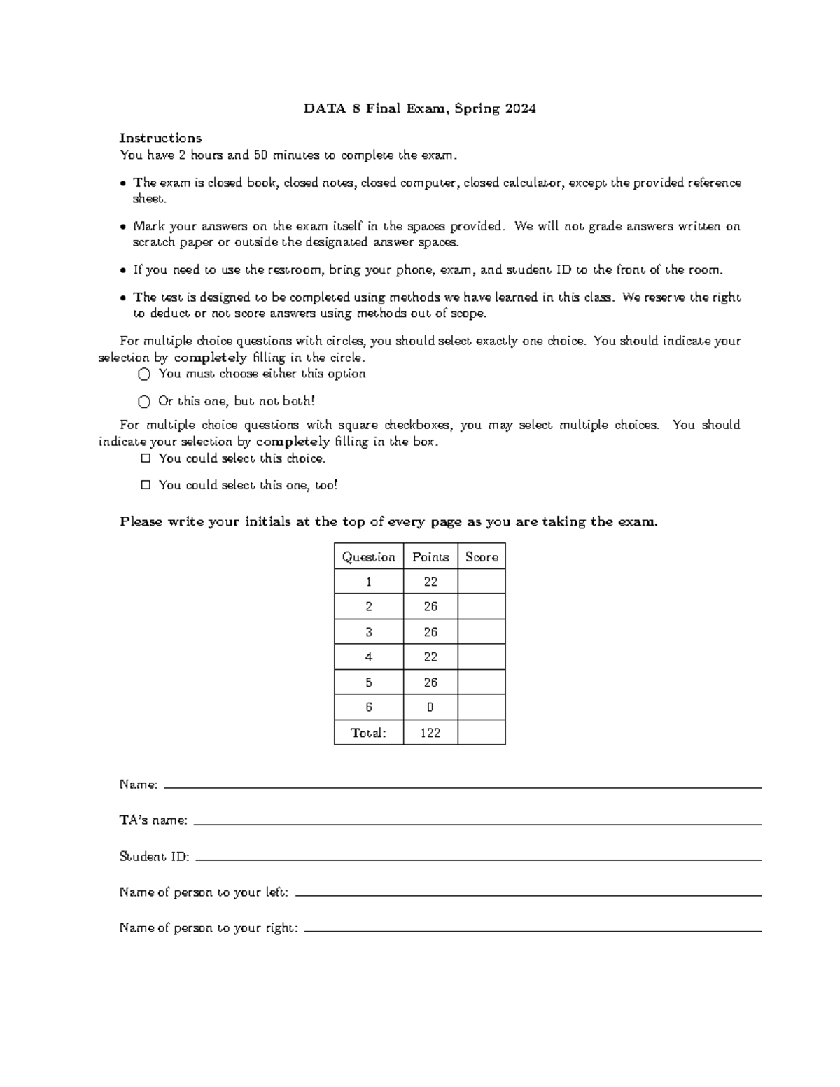 DATA 8 Final Exam Instructions and Guidelines, Spring 2024 - Studocu