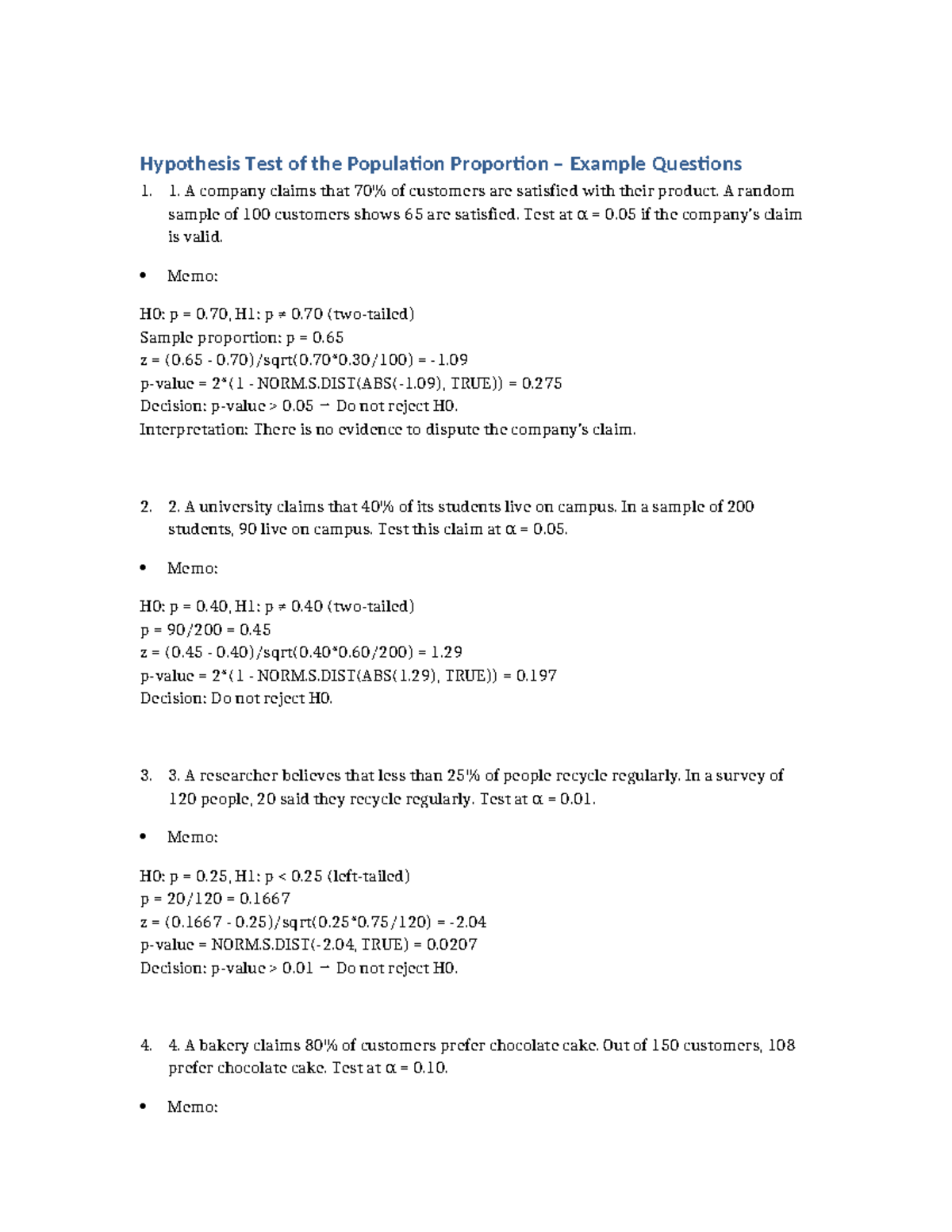 Hypothesis Test of Population Proportions: Example Questions - Studocu