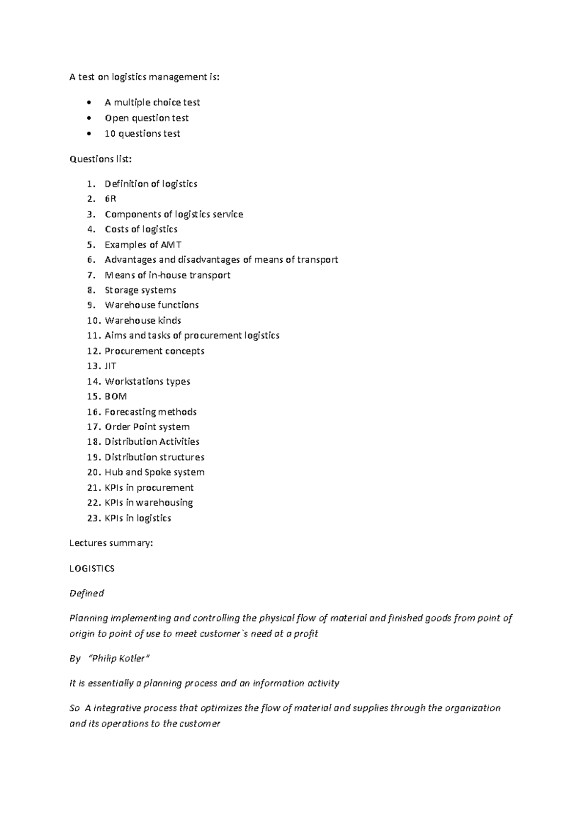 Logistics Management Study Guide - Final Exam Preparation - Studocu