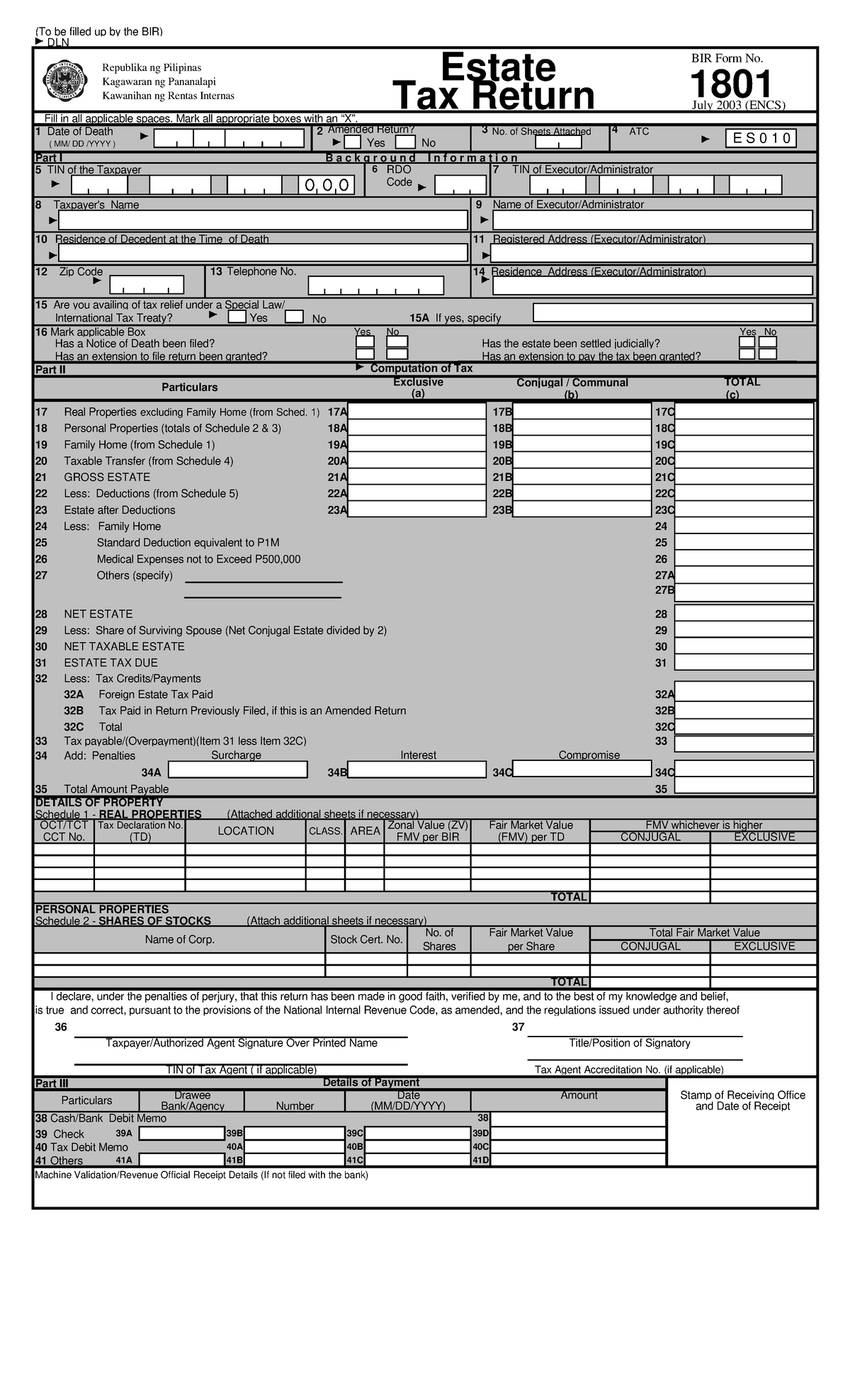 BIR Form No. 1801 - Sample Estate Tax Return Guidelines & Instructions ...