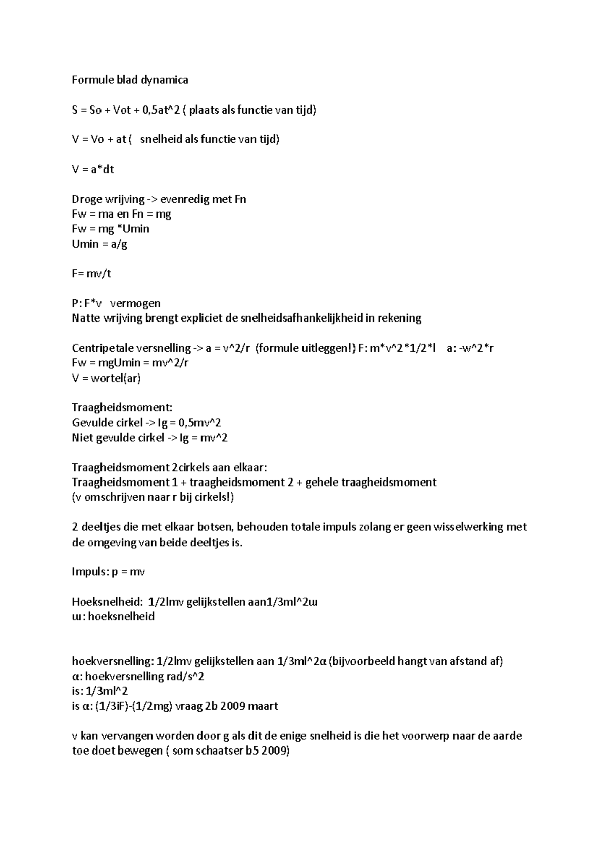 Formuleblad voor Dynamica: Belangrijke Formules en Concepten - Studeersnel