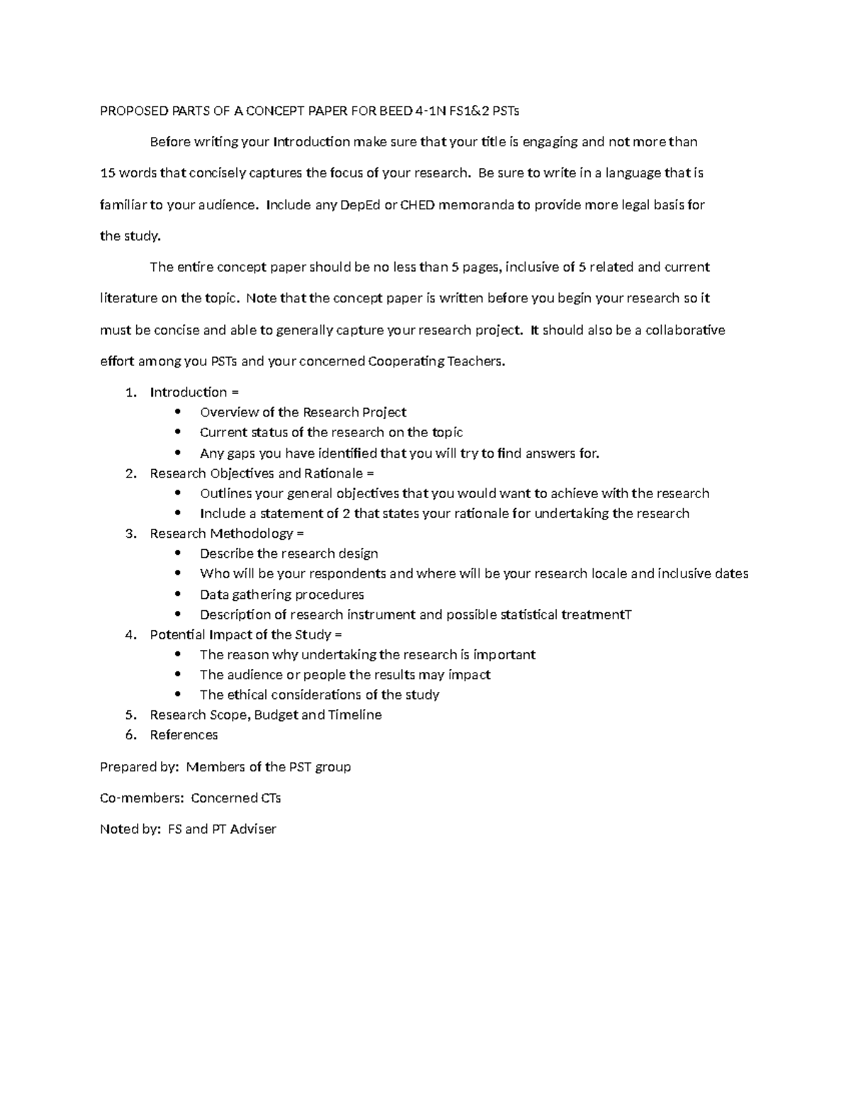 Proposed Parts of a Concept Paper for BEED 4-1N FS1 & 2 PSTs - Studocu