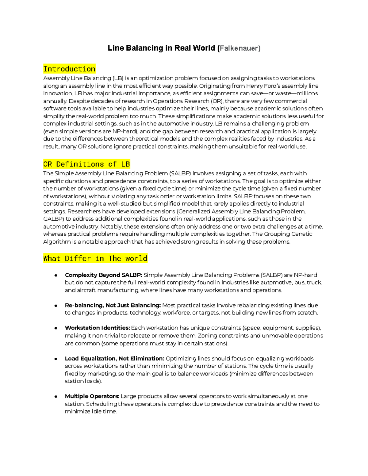 Line Balancing Challenges in Automotive Industry (OR 101) - Studeersnel