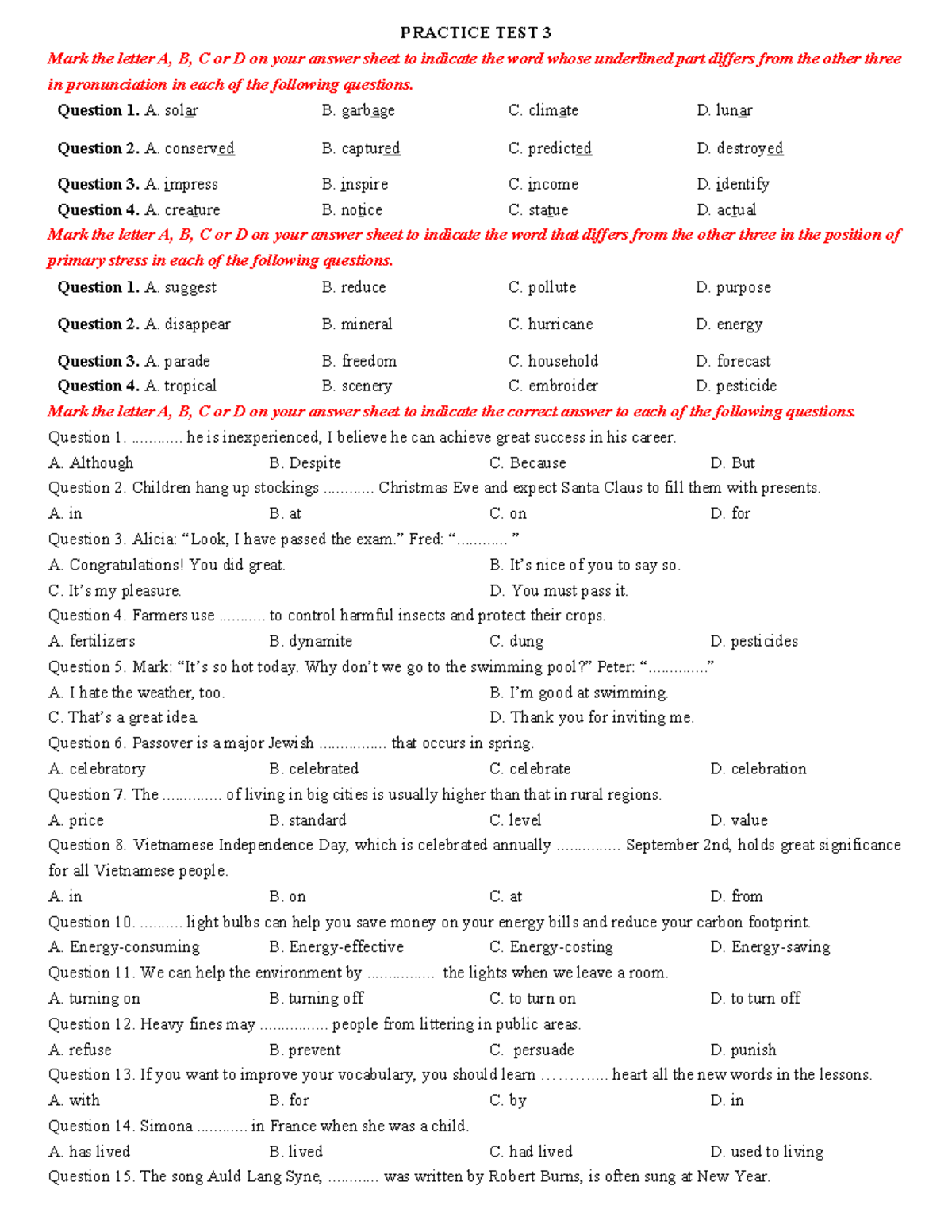 PRACTICE TEST 3: Pronunciation, Stress, and Vocabulary Questions - Studocu
