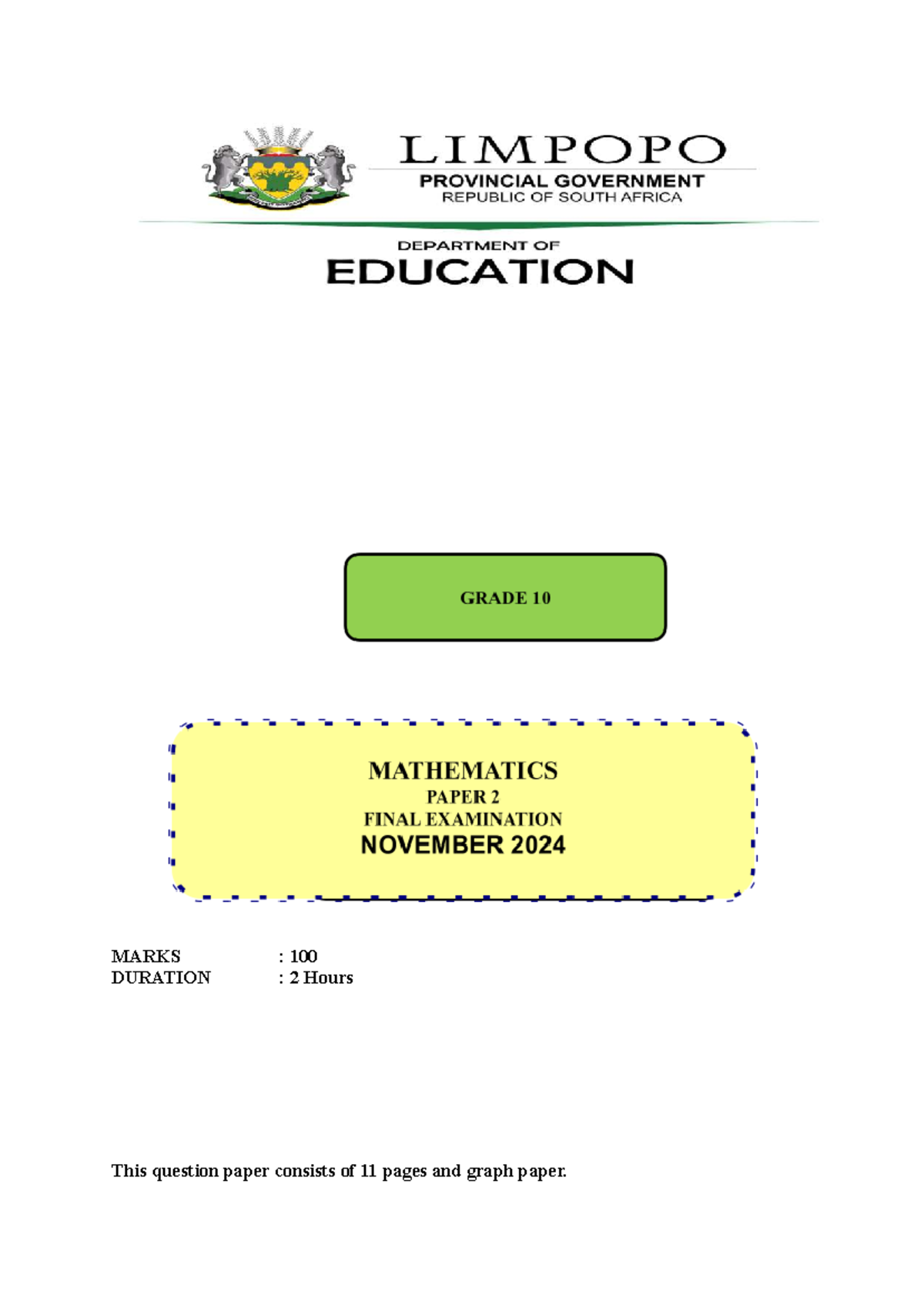 MATHEMATICS PAPER 2 G10 NSC LIMPOPODoE 2024 Exam Questions - Studocu