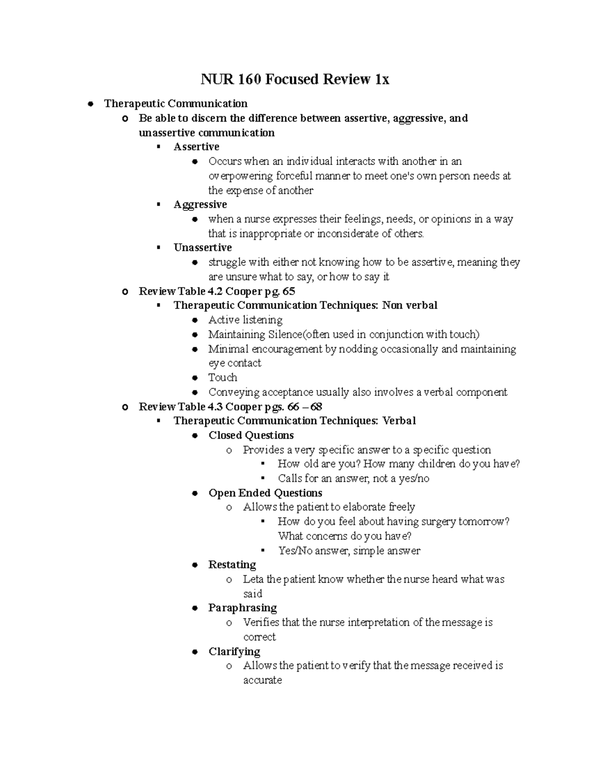 Focused Review for NUR 160: Therapeutic Communication & Surgical ...