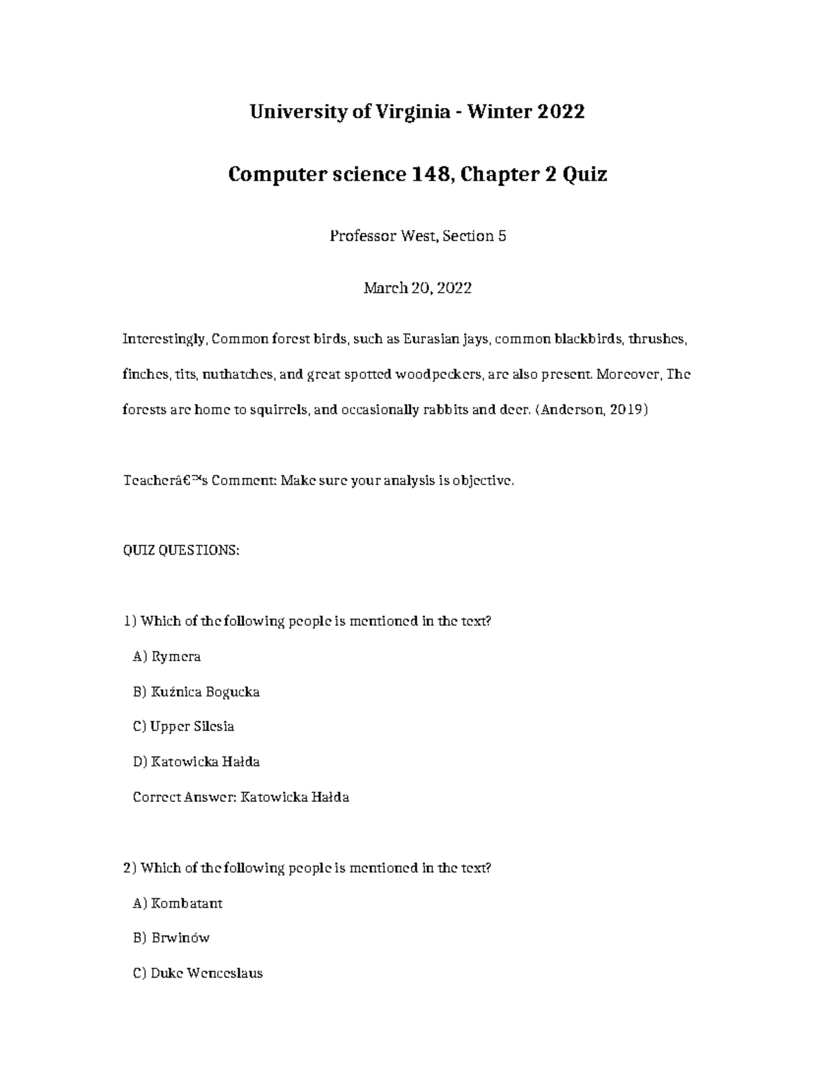 Computer Science 148 Chapter 2 QUIZ - University of Virginia - Winter ...