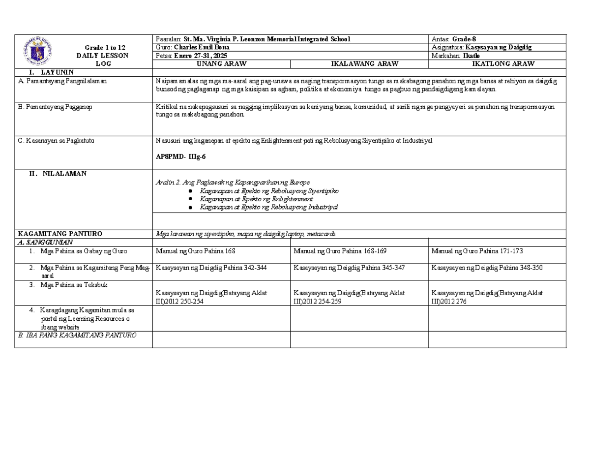 AP8-Q3-W4 - Araling Panlipunan - Grade 1 to 12 DAILY LESSON LOG ...